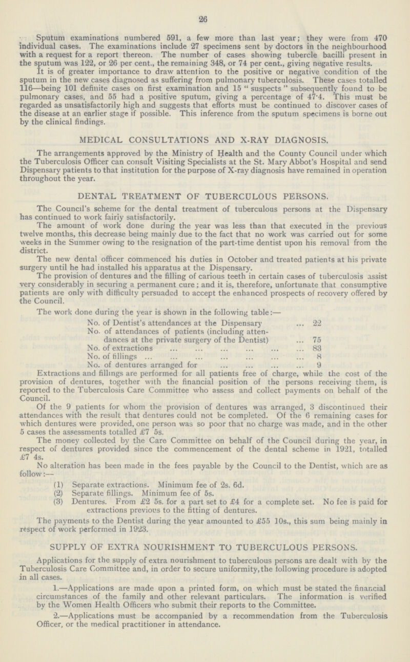 26 Sputum examinations numbered 591, a few more than last year; they were from 470 individual cases. The examinations include 27 specimens sent by doctors in the neighbourhood with a request for a report thereon. The number of cases showing tubercle bacilli present in the sputum was 122, or 26 per cent., the remaining 348, or 74 per cent., giving negative results. It is of greater importance to draw attention to the positive or negative condition of the sputum in the new cases diagnosed as suffering from pulmonary tuberculosis. These cases totalled 116—being 101 definite cases on first examination and 15 suspects subsequently found to be pulmonary cases, and 55 had a positive sputum, giving a percentage of 47.4. This must be regarded as unsatisfactorily high and suggests that efforts must be continued to discover cases of the disease at an earlier stage if possible. This inference from the sputum specimens is borne out by the clinical findings. MEDICAL CONSULTATIONS AND X-RAY DIAGNOSIS. The arrangements approved by the Ministry of health and the County Council under which the Tuberculosis Officer can consult Visiting Specialists at the St. Mary Abbot's Hospital and send Dispensary patients to that institution for the purpose of X-ray diagnosis have remained in operation throughout the year. DENTAL TREATMENT OF TUBERCULOUS PERSONS. The Council's scheme for the dental treatment of tuberculous persons at the Dispensary has continued to work fairiy satisfactorily. The amount of work done during the year was less than that executed in the previous twelve months, this decrease being mainly due to the fact that no work was carried out for some weeks in the Summer owing to the resignation of the part-time dentist upon his removal from the district. The new dental officer commenced his duties in October and treated patients at his private surgery until he had installed his apparatus at the Dispensary. The provision of dentures and the filling of carious teeth in certain cases of tuberculosis assist very considerably in securing a permanent cure; and it is, therefore, unfortunate that consumptive patients are only with difficulty persuaded to accept the enhanced prospects of recovery offered by the Council. The work done during the year is shown in the following table:— No. of Dentist's attendances at the Dispensary 22 No. of attendances of patients (including atten dances at the private surgery of the Dentist) 75 No. of extractions 83 No. of fillings 8 No. of dentures arranged for 9 Extractions and fillings are performed for all patients free of charge, while the cost of the provision of dentures, together with the financial position of the persons receiving them, is reported to the Tuberculosis Care Committee who assess and collect payments on behalf of the Council. Of the 9 patients for whom the provision of dentures was arranged, 3 discontinued their attendances with the result that dentures could not be completed. Of the 6 remaining cases for which dentures were provided, one person was so poor that no charge was made, and in the other 5 cases the assessments totalled £7 5s. The money collected by the Care Committee on behalf of the Council during the year, in respect of dentures provided since the commencement of the dental scheme in 1921, totalled £7 4s. No alteration has been made in the fees payable by the Council to the Dentist, which are as follow:— (1) Separate extractions. Minimum fee of 2s. 6d. (2) Separate fillings. Minimum fee of 5s. (3) Dentures. From £2 5s. for a part set to £4 for a complete set. No fee is paid for extractions previous to the fitting of dentures. The payments to the Dentist during the year amounted to £55 10s., this sum being mainly in respect of work performed in 1923. SUPPLY OF EXTRA NOURISHMENT TO TUBERCULOUS PERSONS. Applications for the supply of extra nourishment to tuberculous persons are dealt with by the Tuberculosis Care Committee and, in order to secure uniformity, the following procedure is adopted in all cases. 1.—Applications are made upon a printed form, on which must be stated the financial circumstances of the family and other relevant particulars. The information is verified by the Women Health Officers who submit their reports to the Committee. 2.—Applications must be accompanied by a recommendation from the Tuberculosis Officer, or the medical practitioner in attendance.