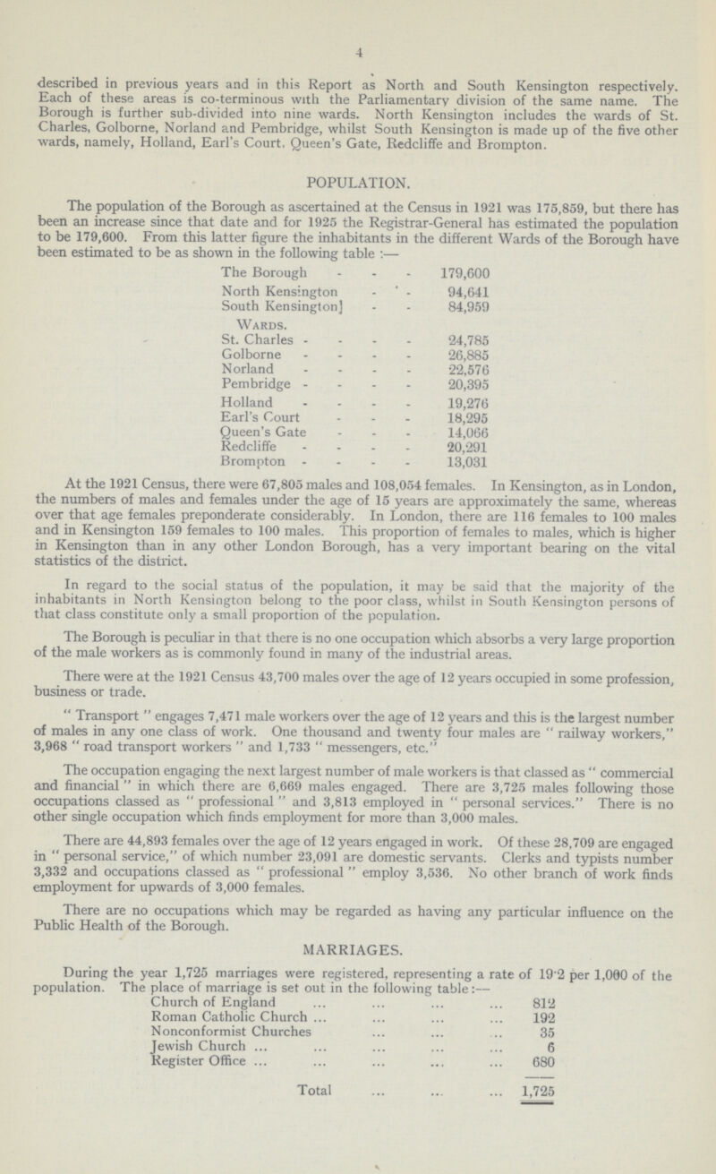 4 described in previous years and in this Report as North and South Kensington respectively. Each of these areas is co-terminous with the Parliamentary division of the same name. The Borough is further sub-divided into nine wards. North Kensington includes the wards of St. Charles, Golborne, Norland and Pembridge, whilst South Kensington is made up of the five other wards, namely, Holland, Earl's Court, Queen's Gate, Redcliffe and Brompton. POPULATION. The population of the Borough as ascertained at the Census in 1921 was 175,859, but there has been an increase since that date and for 1925 the Registrar-General has estimated the population to be 179,600. From this latter figure the inhabitants in the different Wards of the Borough have been estimated to be as shown in the following table:— The Borough 179,600 North Kensington 94,641 South Kensington 84,959 Wards. St. Charles 24,785 Golborne26,885 Norland 22,576 Pembridge20,395 Holland 19,276 Earl's Court 18,295 Queen's Gate 14,066 Redcliffe 20,291 Brompton 13,031 At the 1921 Census, there were 67,805 males and 108,054 females. In Kensington, as in London, the numbers of males and females under the age of 15 years are approximately the same, whereas over that age females preponderate considerably. In London, there are 116 females to 100 males and in Kensington 159 females to 100 males. This proportion of females to males, which is higher in Kensington than in any other London Borough, has a very important bearing on the vital statistics of the distiict. In regard to the social status of the population, it may be said that the majority of the inhabitants in North Kensington belong to the poor class, whilst in South Kensington persons of that class constitute only a small proportion of the population. The Borough is peculiar in that there is no one occupation which absorbs a very large proportion of the male workers as is commonly found in many of the industrial areas. There were at the 1921 Census 43,700 males over the age of 12 years occupied in some profession, business or trade. Transport engages 7,471 male workers over the age of 12 years and this is the largest number of males in any one class of work. One thousand and twenty four males are railway workers, 3,968  road transport workers  and 1,733  messengers, etc. The occupation engaging the next largest number of male workers is that classed as commercial and financial in which there are 6,669 males engaged. There are 3,725 males following those occupations classed as professional and 3,813 employed in personal services. There is no other single occupation which finds employment for more than 3,000 males. There are 44,893 females over the age of 12 years engaged in work. Of these 28,709 are engaged in personal service, of which number 23,091 are domestic servants. Clerks and typists number 3,332 and occupations classed as professional employ 3,536. No other branch of work finds employment for upwards of 3,000 females. There are no occupations which may be regarded as having any particular influence on the Public Health of the Borough. MARRIAGES. During the year 1,725 marriages were registered, representing a rate of 19'2 per 1,000 of the population. The place of marriage is set out in the following table:— Church of England 812 Roman Catholic Church 192 Nonconformist Churches 35 Jewish Church 6 Register Office 680 Total 1,725