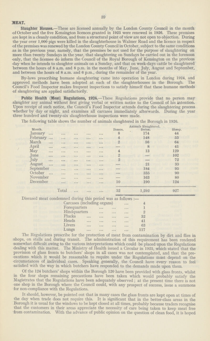 39 MEAT. Slaughter Houses.— These are licensed annually by the London County Council in the month of October and the five Kensington licences granted in 1925 were renewed in 1926. These premises are kept in a cleanly condition, and from a structural point of view are not open to objection. During the year over 1,000 pigs were killed in the slaughterhouse in Walmer Road and the licence in respect of the premises was renewed by the London County Council in October, subject to the same conditions as in the previous year, namely, that the premises be not used for the purpose of slaughtering on more than twenty Sundays in the year, that slaughtering on Sundays be carried out in the forenoon only, that the licensee do inform the Council of the Royal Borough of Kensington on the previous day when he intends to slaughter animals on a Sunday, and that on week-days cattle be slaughtered between the hours of 8 a.m. and 8 p.m. in the months of May, June, July, August and September, and between the hours of 8 a.m. and 6 p.m., during the remainder of the year. By-laws prescribing humane slaughtering came into operation in London during 1924, and approved methods have been adopted at each of the slaughterhouses in the Borough. The Council's Food Inspector makes frequent inspections to satisfy himself that these humane methods of slaughtering are applied satisfactorily. Public Health (Meat) Regulations, 1924.—These Regulations provide that no person may slaughter any animal without first giving verbal or written notice to the Council of his intention. Upon receipt of such notice, the Council's Food Inspector attends during the slaughtering process whether by day or night, and examines all carcases immediately afterwards. During the year three hundred and twenty-six slaughterhouse inspections were made. The following table shows the number of animals slaughtered in the Borough in 1926. Month. Beasts. Animals Slaughtered. Swine. Sheep. January 8 174 44 February 4 148 53 March 2 56 64 April – 8 41 May 4 13 129 June 2 – 102 July 2 – 72 August – 21 33 September – 184 95 October – 335 90 November – 163 80 December 10 190 124 Total 32 1,292 927 Diseased meat condemned during this period was as follows:— Carcases (including organs) 4 Forequarters 1 Hindquarters 2 Plucks 32 Heads 41 Livers 63 Lungs 117 The Regulations prescribe for the protection of meat from contamination by dirt and flies in shops, on stalls and during transit. The administration of this requirement has been rendered somewhat difficult owing to the various interpretations which could be placed upon the Regulations dealing with this matter. The Ministry of Health issued a Circular in 1925, which stated that the provision of glass fronts to butchers' shops in all cases was not contemplated, and that the pre cautions which it would be reasonable to require under the Regulations must depend on the circumstances of individual cases. Speaking generally, the Council have every reason to feel satisfied with the way in which butchers have responded to the demands made upon them. Of the 124 butchers' shops within the Borough 120 have been provided with glass fronts, whilst in the four shops remaining precautions have been taken which would probably satisfy the Magistrates that the Regulations have been adequately observed; at the present time there is not one shop in the Borough where the Council could, with any prospect of success, issue a summons for non-compliance with the Regulations. It should, however, be pointed out that in many cases the glass fronts are kept open at times of the day when trade does not require this. It is significant that in the better-class areas in the Borough it is usual for the windows to be kept closed at all times, probably because traders recognise that the customers in their areas appreciate the necessity of care being taken to keep meat free from contamination. With the advance of public opinion on the question of clean food, it is hoped
