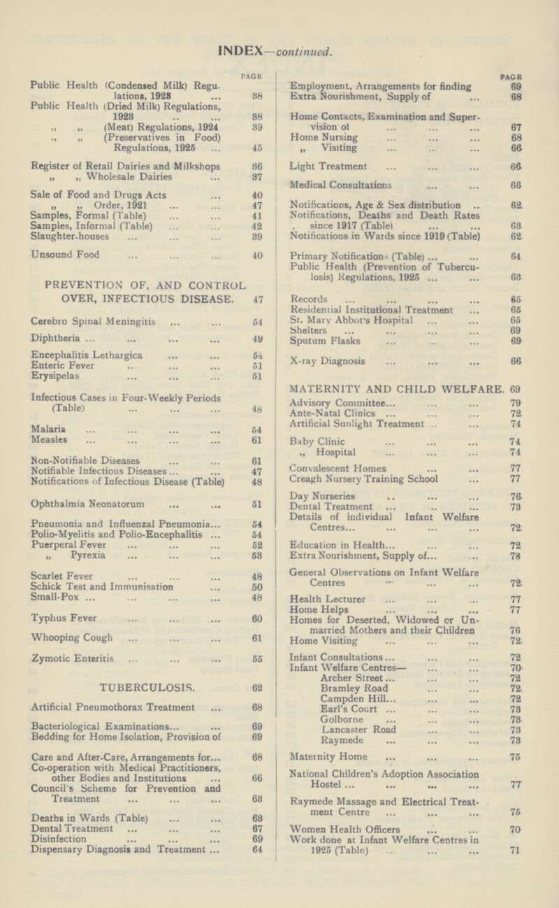 INDEX—continued. PAGE Public Health (Condensed Milk) Regu lations, 1928 38 Public Health (Dried Milk) Regulations, 1928 88 „ „ (Meat) Regulations, 1924 39 ., „ (Preservatives in Food) Regulations, 1925 45 Register of Retail Dairies and Milkshops 36 „ „ Wholesale Dairies 37 Sale of Food and Drugs Acts 40 „ „ Order, 1921 47 Samples, Formal (Table) 41 Samples, Informal (Table) 42 Slaughter-houses 39 Unsound Food 40 PREVENTION OF, AND CONTROL OVER, INFECTIOUS DISEASE. 47 Cerebro Spinal Meningitis 54 Diphtheria 49 Encephalitis Lethargica 54 Enteric Fever 51 Erysipelas 51 Infectious Cases in Four-Weekly Periods (Table) 48 Malaria 54 Measles 61 Non-Notifiable Diseases 61 Notifiable Infectious Diseases 47 Notifications of Infectious Disease (Table) 48 Ophthalmia Neonatorum 51 Pneumonia and Influenzal Pneumonia 54 Polio-Myelitis and Polio-Encephalitis 54 Puerperal Fever 52 „ Pyrexia 58 Scarlet Fever 48 Schick Test and Immunisation 50 Small-Pox 48 Typhus Fever 60 Whooping Cough 61 Zymotic Enteritis 55 TUBERCULOSIS. 62 Artificial Pneumothorax Treatment 68 Bacteriological Examinations 69 Bedding for Home Isolation, Provision of 69 Care and After-Care, Arrangements for 68 Co-operation with Medical Practitioners, other Bodies and Institutions 66 Council's Scheme for Prevention and Treatment 68 Deaths in Wards (Table) 68 Dental Treatment 67 Disinfection 69 Dispensary Diagnosis and Treatment 64 PACE Employment, Arrangements for finding 69 Extra Nourishment, Supply of 68 Home Contacts, Examination and Super vision of. 67 Home Nursing 68 „ Visiting 66 Light Treatment 66 Medical Consultations 66 Notifications, Age & Sex distribution 62 Notifications, Deaths and Death Rates since 1917 (Table) 63 Notifications in Wards since 1919 (Table) 62 Primary Notification-; (Table) 64 Public Health (Prevention of Tubercu losis) Regulations, 1925 63 Records 65 Residential Institutional Treatment 65 St. Mary Abbot's Hospital 65 Shelters 69 Sputum Flasks 69 X-ray Diagnosis 66 MATERNITY AND CHILD WELFARE. 69 Advisory Committee 79 Ante-Natal Clinics 72 Artificial Sunlight Treatment 74 Baby Clinic 74 „ Hospital 74 Convalescent Homes 77 Creagh Nursery Training School 77 Day Nurseries 76 Dental Treatment 73 Details of individual Infant Welfare Centres 72 Education in Health 72 Extra Nourishment, Supply of 78 General Observations on Infant Welfare Centres 72. Health Lecturer 77 Home Helps 77 Homes for Deserted, Widowed or Un married Mothers and their Children 76 Home Visiting 72 Infant Consultations 72 Infant Welfare Centres— 70 Archer Street 72 Bramley Road 72. Campden Hill 72 Earl's Court 73 Golborne 73 Lancaster Road 73 Raymede 73 Maternity Home 75 National Children's Adoption Association Hostel 77 Raymede Massage and Electrical Treat ment Centre 75 Women Health Officers 70 Work done at Infant Welfare Centres in 1925 (Table) 71