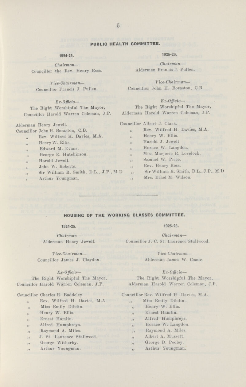 5 PUBLIC HEALTH COMMITTEE. 1924-25. Chairman- Councillor the Rev. Henry Ross. Vice-Chairman— Councillor Francis J. Pullen. Ex-Officio— The Right Worshipful The Mayor, Councillor Harold Warren Coleman, J.P. Alderman Henry Jewell. Councillor John H. Boraston, C.B. „ Rev. Wilfred H. Davies, M.A. „ Henry W. Ellis. „ Edward M. Evans. ,, George E. Hutchinson. ,, Harold Jewell. „ John W. Roberts. ,, Sir William R. Smith, D.L., J.P., M.D. , Arthur Youngman. 1925-26. Chairman— Alderman Francis J. Pullen. V ice-Chairman— Councillor John H. Boraston, C.B. Ex-Officio— The Right Worshipful The Mayor, Alderman Harold Warren Coleman, J.P. Councillor Albert J. Clark. „ Rev. Wilfred H. Davies, M.A. „ Henry W. Ellis. „ Harold J. Jewell ,, Horace W. Langdon. „ Miss Marjorie R. Lovelock. „ Samuel W. Price. ,, Rev. Henry Ross. ,, Sir William R. Smith, D.L., J.P., M.D ,, Mrs. Ethel M. Wilson. HOUSING OF THE WORKING CLASSES COMMITTEE. 1924-25. Chairman— Alderman Henry Jewell. Vice-Chairman— Councillor James J. Claydon. Ex-Officio— The Right Worshipful The Mayor, Councillor Harold Warren Coleman, J.P. Councillor Charles R. Baddeley. „ Rev. Wilfred H. Davies, M.A. „ Miss Emily Dibdin. „ Henry W. Ellis. ,, Ernest Hamlin. „ Alfred Humphreys. „ Raymond A. Miles. „ J. St. Laurence Stallwood. „ George Witherby. „ Arthur Youngman. 1925-26. Chairman— Councillor J. C. St. Laurence Stallwood. Vice-Chairman— Alderman James W. Coade. Ex-Officio— The Right Worshipful The Mayor, Alderman Harold Warren Coleman, J.P. Councillor Rev. Wilfred H. Davies, M.A. ,, Miss Emily Dibdin. „ Henry W. Ellis. ,, Ernest Hamlin. „ Alfred Humphreys. ,, Horace W. Langdon. „ Raymond A. Miles. „ Albert A. Mussett. ,, George D. Pooley. „ Arthur Youngman.