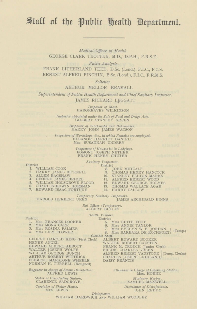 Staff of the Public Health Department. Medical Officer of Health. GEORGE CLARK TROTTER, M.D., D.P.H., F.R.S.E. Public Analysts. FRANK LITHERLAND TEED, D.Sc. (Lond.), F.I.C., F.C.S. ERNEST ALFRED PINCHIN, B.Sc. (Lond.), F.I.C., F.R.M.S. Solicitor. ARTHUR MELLOR BRAMALL Superintendent of Public Health Department and Chief Sanitary Inspector. JAMES RICHARD LEGGATT Inspector of Meat. HARGREAVES WILKINSON Inspector appointed under the Sale of Food and Drugs Acts. GILBERT STANLEY GREEN Inspector of Workshops and Bakehouses. HARRY JOHN JAMES WATSON Inspectors of Workshops, Sec., in which Females are employed. ELEANOR HARRIET DANIELL MRS. SUSANNAH UNDERY Inspectors of Houses let in Lodgings. EGMONT JOSEPH NETHER FRANK HENRY CHUTER Sanitary Inspectors. District District 1. WILLIAM COOK 8. JOHN METCALF 2. HARRY JAMES BICKNELL 9. THOMAS HENRY HANCOCK 3. ALLEN BAGSHAW 10. STANLEY PELTON MARKS 4. GEORGE JAMES BRIDEL 11. ALFRED ERNEST WOOD 5. WILLIAM HOLSGROVE FLOOD 12. EDWARD GEORGE HOLMES 6. CHARLES EDWIN HORSMAN 13. THOMAS WALLACE AGAR 7. EDWARD ISAAC FORTUNE 14. HARRY CALLOW Temporary Sanitary Inspectors. HAROLD HERBERT UREN JAMES ARCHIBALD BINNS Rat Officer (Temporary). ALBERT BUTLIN Health Visitors. District District 1. Mrs. FRANCES LOOKER 5. Miss EDITH FOOT 2. Miss MONA CARR 6. Miss ANNIE TAYLOR 3. Miss ROSINA PALMER 7. Miss EVELYN W. E. JORDAN 4. Miss LILY FLOWER 8. Miss BARBARA DE ROCHFORT (Temp) Clerical Staff. GEORGE HAROLD KING (First Clerk) ALBERT EDWARD BOOKER HENRY ANGEL WALTER ROBERT CAUSTON EDWARD ALBERT ABBOTT FRANK M. CROUCH (Junior Clerk) WALTER JOSEPH WOLFE FREDK. CHARLES GREEN WILLIAM GEORGE BUNCH ALFRED ERNEST VANSTONE (Temp. Clerks) ARTHUR ROBERT WITTRICK CHARLES JOSEPH CRIDLAND CLEMENT MARSTONE WHEBLE DAISY FRANCIS NORMAN H. TURRELL (Resigned) Engineer in charge of Steam Disinfectors. Attendant in Charge of Cleansing Station. ALFRED LEWIS Mrs. HORNE Stoker at Disinfecting Station. Mortuary Keeper. CLARENCE SADGROVE SAMUEL MAXWELL Caretaker of Shelter House. Distributor of Disinfectants. Mrs. LEWIS JOHN REDDY Disinfectors. WILLIAM HARDWICK and WILLIAM WOODLEY