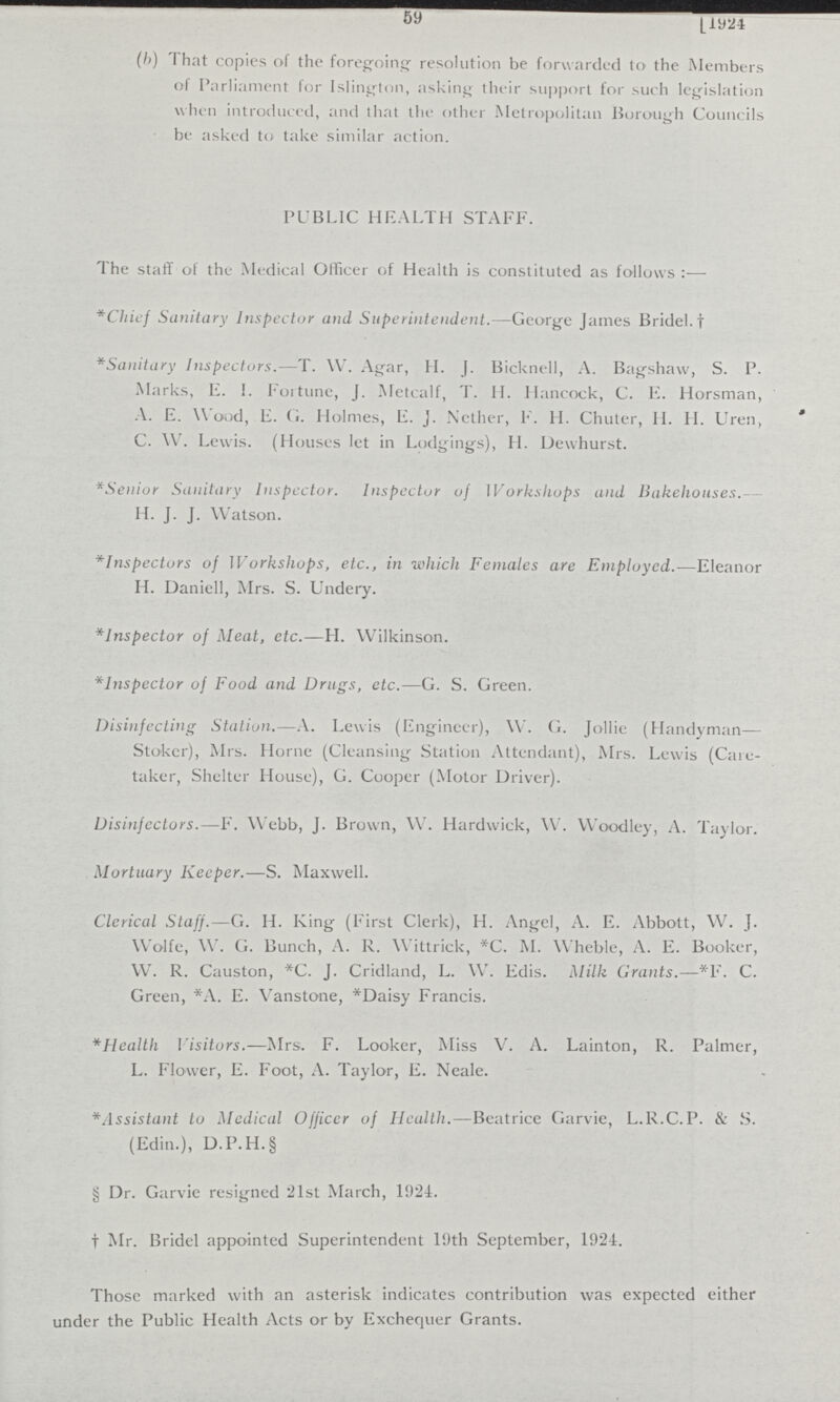 59 [1924 (b) That copies of the foregoing resolution be forwarded to the Members of Parliament for Islington, asking their support for such legislation when introduced, and that the other Metropolitan Borough Councils be asked to take similar action. PUBLIC HEALTH STAFF. The staff of the Medical Officer of Health is constituted as follows:— *Chief Sanitary Inspector and Superintendent.—George James Bridel.† *Sanitary Inspectors.—T. W. Agar, H. J. Bicknell, A. Bagshaw, S. P. Marks, E. I. Fortune, J. Metcalf, T. II. Hancock, C. E. Horsman, A. E. Wood, E. G. Holmes, E. J. Nether, F. H. Chuter, II. H. Uren, * C. W. Lewis. (Houses let in Lodgings), H. Dewhurst. *Senior Sanitary Inspector. Inspector oj Workshops and Bakehouses.— H. J. J. Watson. *Inspectors of Workshops, etc., in which Females are Employed.—Eleanor H. Daniell, Mrs. S. Undery. *Inspector of Meat, etc.—H. Wilkinson. *lnspector of Food and Drugs, etc.—G. S. Green. Disinfecting Station.—A. Lewis (Engineer), W. G. Jollie (Handyman— Stoker), Mrs. Home (Cleansing Station Attendant), Mrs. Lewis (Care taker, Shelter House), G. Cooper (Motor Driver). Disinfcctors.—F. Webb, J. Brown, W. Hardwick, W. Woodley, A. Taylor. Mortuary Keeper.—S. Maxwell. Clerical Staff.—G. II. King (First Clerk), H. Angel, A. E. Abbott, W. J. Wolfe, W. G. Bunch, A. R. Wittrick, *C. M. Wheble, A. E. Booker, W. R. Causton, *C. J. Cridland, L. W. Edis. Milk Grants.—*F. C. Green, *A. E. Vanstone, *Daisy Francis. *Health Visitors.—Mrs. F. Looker, Miss V. A. Lainton, R. Palmer, L. Flower, E. Foot, A. Taylor, E. Neale. *Assistant to Medical Officcr of Health.—Beatrice Garvie, L.R.C.P. & S. (Edin.), D.P.H.§ § Dr. Garvie resigned 21st March, 1924. † Mr. Bridel appointed Superintendent 19th September, 1921. Those marked with an asterisk indicates contribution was expected either under the Public Health Acts or by Exchequer Grants.