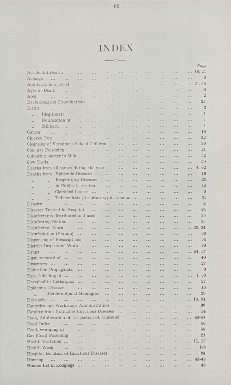 (69) INDEX Page Accidental Deaths 16, 21 Acreage 2 Adulteration of Food 53-58 Ages at Death 6 Area 2 Bacteriological Examinations 32 Births 3 „ Illegitimate 4 „ Notification of 4 „ Stillborn 4 Cancer 18 Chicken Pox 32 Cleansing of Verminous School Children 36 Coal gas Poisoning 21 Colouring matter in Milk 52 Cow Sheds 50 Deaths from all causes during the year 4, 62 Deaths from Epidemic Diseases 16 „ „ Respiratory Diseases 20 „ „ in Public Institutions 15 „ „ Classified Causes 6 „ „ Tuberculosis (Respiratory) in London 31 Density 2 Diseases Treated in Hospital 24 Disinfectants distributed and used 35 Disinfecting Station 35 Disinfection Work 29, 34 Disinfestation (Vermin) 36 Dispensing of Prescriptions 54 District Inspectors' Work 39 Drugs 54, 57 Dust, removal of 40 Dysentery 27 Education Propaganda 9 Eggs, labelling of 1, 50 Encephalitis Lethargica 27 Epidemic Diseases 16 „ Cerebro-Spinal Meningitis 26 Erysipelas 18, 24 Factories and Workshops Administration 36 Fatality from Notifiable Infectious Diseases 24 Food, Adulteration of, Inspection of, Unsound 49-57 Food Order 50 Food, wrapping of 58 Gas (Coal) Poisoning 21 Health Visitation 11, 12 Health Week 1-9 Hospital Isolation of Infectious Diseases 24 Housing 43-48 Houses Let in Lodgings 42
