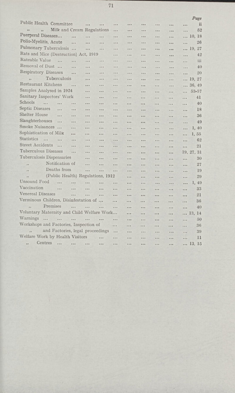 71 Page Public Health Committee ii „ „ Milk and Cream Regulations 52 Puerperal Diseases 10, 18 Polio-Myelitis, Acute 26 Pulmonary Tuberculosis 19, 27 Rats and Mice (Destruction) Act, 1919 42 Rateable Value iii Removal of Dust 40 Respiratory Diseases 20 „ Tuberculosis 19, 27 Restaurant Kitchens 36, 49 Samples Analysed in 192453-57 Sanitary Inspectors' Work 41 Schools 40 Septic Diseases 18 Shelter House 36 Slaughterhouses 49 Smoke Nuisances 1, 40 Sophistication of Milk 1, 55 Statistics 62 Street Accidents 21 Tuberculous Diseases 19, 27, 31 Tuberculosis Dispensaries 30 ,, Notification of 27 „ Deaths from 19 ,, (Public Health) Regulations, 1912 29 Unsound Food 1, 49 Vaccination 33 Venereal Diseases 21 Verminous Children, Disinfestation of 36 „ Premises 40 Voluntary Maternity and Child Welfare Work 13, 14 Warnings 50 Workshops and Factories, Inspection of 36 ,, and Factories, legal proceedings 39 Welfare Work by Health Visitors 11 „ Centres 13, 15