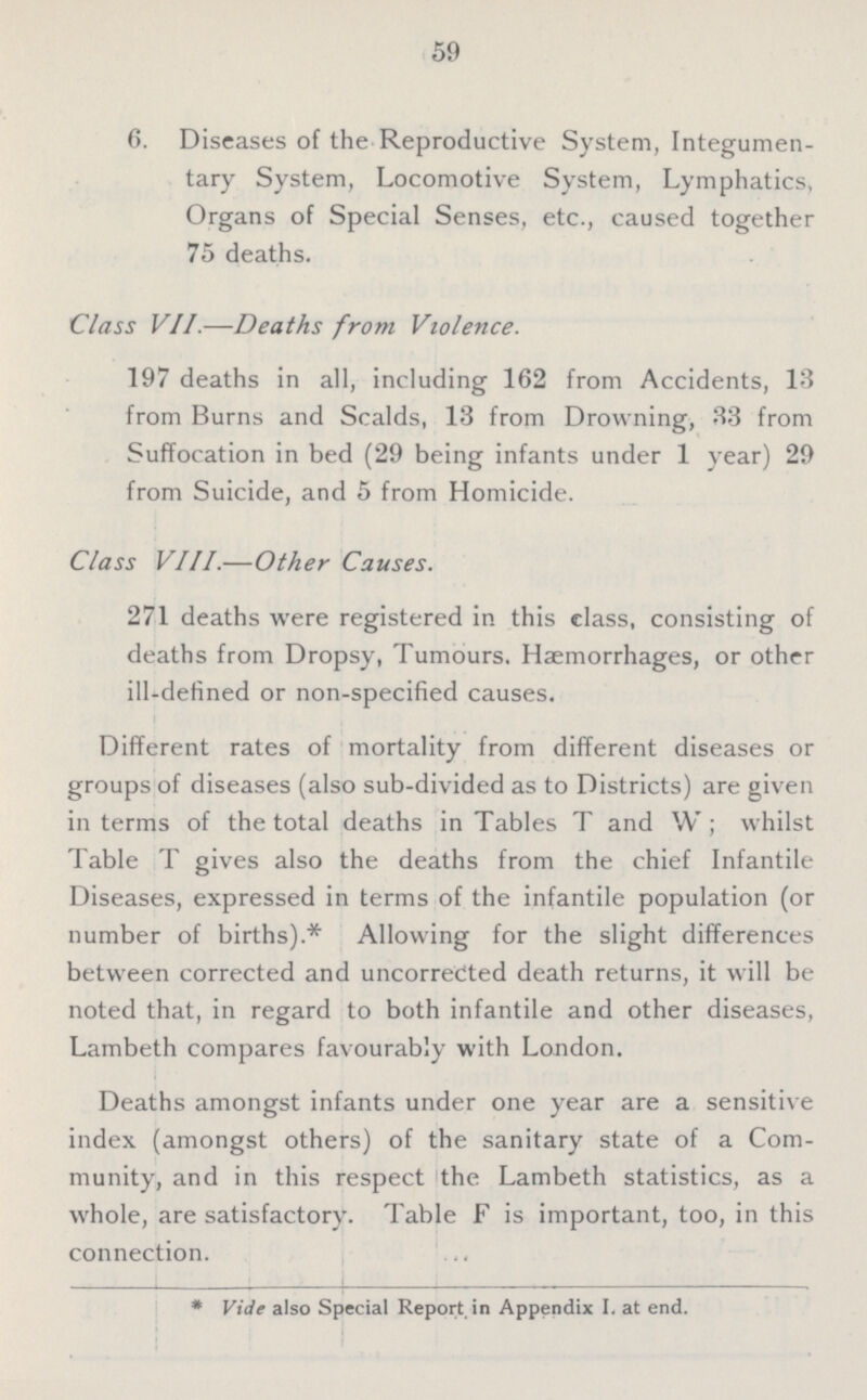 59 6. Diseases of the Reproductive System, Integumen tary System, Locomotive System, Lymphatics, Organs of Special Senses, etc., caused together 75 deaths. Class VII.—Deaths from Violence. 197 deaths in all, including 162 from Accidents, 13 from Burns and Scalds, 13 from Drowning, 33 from Suffocation in bed (29 being infants under 1 year) 29 from Suicide, and 5 from Homicide. Class VIII.—Other Causes. 271 deaths were registered in this class, consisting of deaths from Dropsy, Tumours. Haemorrhages, or other ill-defined or non-specified causes. Different rates of mortality from different diseases or groups of diseases (also sub-divided as to Districts) are given in terms of the total deaths in Tables T and W; whilst Table T gives also the deaths from the chief Infantile Diseases, expressed in terms of the infantile population (or number of births).* Allowing for the slight differences between corrected and uncorrected death returns, it will be noted that, in regard to both infantile and other diseases, Lambeth compares favourably with London. Deaths amongst infants under one year are a sensitive index (amongst others) of the sanitary state of a Com munity, and in this respect the Lambeth statistics, as a whole, are satisfactory. Table F is important, too, in this connection. * Vide also Special Report in Appendix I. at end.