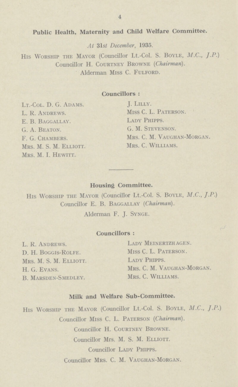 4 Public Health, Maternity and Child Welfare Committee. At 31st December, 1935. His Worship the Mayor (Councillor Lt.-Col. S. Boyle, M.C., J.P.) Councillor H. Courtney Browne (Chairman). Alderman Miss C. Fulford. Councillors: Lt.-Col. D. G. Adams. J. Lilly. L. R. Andrews. Miss C. L. Paterson. E. B. Baggallay. Lady Phipps. G. A. Beaton. G. M. Stevenson. F. G. Chambers. Mrs. C. M. Vaughan-Morgan. Mrs. M. S. M. Elliott. Mrs. C. Williams. Mrs. M. I. Hewitt. Housing Committee. His Worship the Mayor (Councillor Lt.-Col. S. Boyle, M.C., J.P.) Councillor E. B. Baggallay (Chairman). Alderman F. J. Synge. Councillors: L. R. Andrews. Lady Meinertzhagen. D. H. Boggis-Rolfe. Miss C. L. Paterson. Mrs. M. S. M. Elliott. Lady Phipps. H. G. Evans. Mrs. C. M. Vaughan-Morgan. B. Marsden-Smedley. Mrs. C. Williams. Milk and Welfare Sub-Committee. His Worship the Mayor (Councillor Lt.-Col. S. Boyle, M.C., J.P.) Councillor Miss C. L. Paterson (Chairman). Councillor H. Courtney Browne. Councillor Mrs. M. S. M. Elliott. Councillor Lady Phipps. Councillor Mrs. C. M. Vaughan-Morgan.