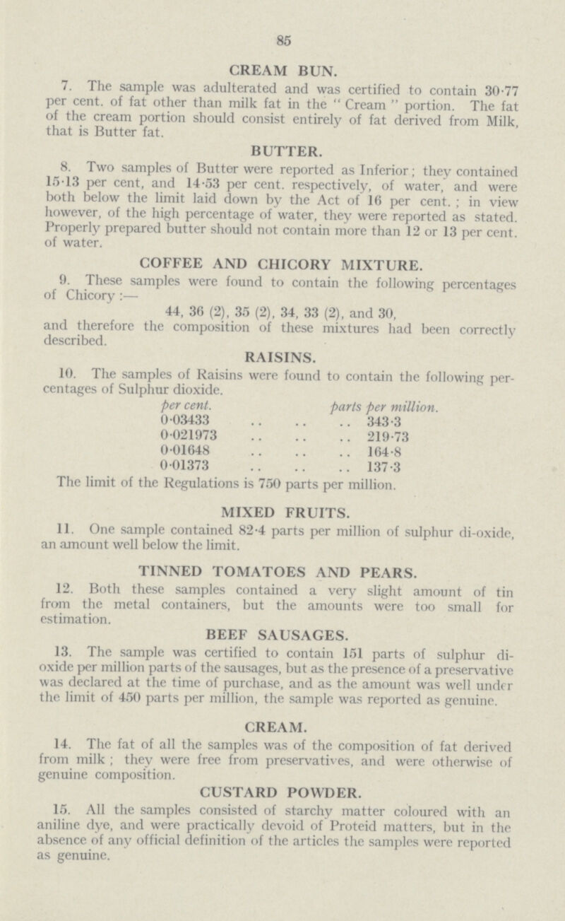 85 CREAM BUN. 7. The sample was adulterated and was certified to contain 30.77 per cent. of fat other than milk fat in the Cream portion. The fat of the cream portion should consist entirely of fat derived from Milk, that is Butter fat. BUTTER. 8. Two samples of Butter were reported as Inferior; they contained 15.13 per cent. and 14.53 per cent. respectively, of water, and were both below the limit laid down by the Act of 16 per cent.; in view however, of the high percentage of water, they were reported as stated. Properly prepared butter should not contain more than 12 or 13 per cent. of water. COFFEE AND CHICORY MIXTURE. 9. These samples were found to contain the following percentages of Chicory:— 44, 36 (2), 35 (2), 34, 33 (2), and 30, and therefore the composition of these mixtures had been correctly described. RAISINS. 10. The samples of Raisins were found to contain the following per centages of Sulphur dioxide. per cent. parts per million. 0.03433 343.3 0.021973 219.73 0.01648 164.8 0.01373 137.3 The limit of the Regulations is 750 parts per million. MIXED FRUITS. 11. One sample contained 82.4 parts per million of sulphur di-oxide, an amount well below the limit. TINNED TOMATOES AND PEARS. 12. Both these samples contained a very slight amount of tin from the metal containers, but the amounts were too small for estimation. BEEF SAUSAGES. 13. The sample was certified to contain 151 parts of sulphur di oxide per million parts of the sausages, but as the presence of a preservative was declared at the time of purchase, and as the amount was well under the limit of 450 parts per million, the sample was reported as genuine. CREAM. 14. The fat of all the samples was of the composition of fat derived from milk ; they were free from preservatives, and were otherwise of genuine composition. CUSTARD POWDER. 15. All the samples consisted of starchy matter coloured with an aniline dye, and were practically devoid of Proteid matters, but in the absence of any official definition of the articles the samples were reported as genuine.