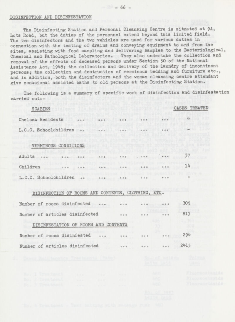 - 66 - DISINFECTION AND DISINFESTATION The Disinfecting Station and Personal Cleansing Centre is situated at 9A, Lots Road, but the duties of the personnel extend beyond this limited field. The two disinfectors and the two vehicles are used for various duties in connection with the testing of drains and conveying equipment to and from the sites, assisting with food sampling and delivering samples to the Bacteriological, Chemical and Pathological Laboratories. They also undertake the collection and removal of the effects of deceased persons under Section 50 of the National Assistance Act, 1948; the collection and delivery of the laundry of incontinent persons; the collection and destruction of verminous bedding and furniture etc., and in addition, both the disinfectors and the woman cleansing centre attendant give occasional assisted baths to old persons at the Disinfecting Station. The following is a summary of specific work of disinfection and disinfestation carried out:- SCABIES CASES TREATED Chelsea Residents 4 L.C.C. Schoolchildren - VERMINOUS CONDITIONS Adults 37 Children 14 L.C.C. Schoolchildren - DISINFECTION OF ROOMS AND CONTENTS, CLOTHING, ETC. Number of rooms disinfected 305 Number of articles disinfected 813 DISINFESTATION OF ROOMS AND CONTENTS Number of rooms disinfested 294 Number of articles disinfested 2415