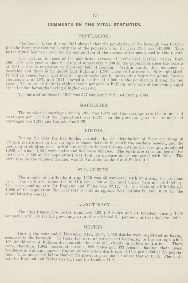 12 COMMENTS ON THE VITAL STATISTICS. POPULATION. The Census taken during 1931 showed that the population of the borough was 150,928 but the Registrar-General's estimate of the population for the year 1935 was 143,600. This latter figure has been used for the compilation of the various rates mentioned in this report. The natural increase of the population (excess of births over deaths) varies from 200—300 each year so that the drop of apparently 7,000 in the population since the Census of 1931 is due to migration to the outer belt of London. Within limits this tendency is desirable and there is no doubt that Fulham's 1,700 acres will always be fully inhabited. It will be remembered that despite higher estimates in intervening years the actual Census enumeration of 1931 and 1921 showed a decline of 7,000 in the population during the ten years. There are still eighty-eight persons per acre in Fulham, only nine of the twenty-eight other London boroughs having a higher density. The natural increase in 1935 was 327 compared with 164 during 1934. MARRIAGES. The number of marriages during 1935 was 1,479 and the marriage rate (the number of marriages per 1,000 of the population) was 10.29. In the previous year the number of marriages was 1,336 and the rate was 9.39. BIRTHS. During the year the live births, corrected by the distribution of those occurring in lying-in institutions in the borough to those districts in which the mothers resided, and the inclusion of children born to Fulham mothers in institutions outside the borough, numbered 1,989, of whom 1,031 were males and 958 were females. The birth rate (the number of live births per 1,000 of the population) was 13.8, an increase of 0.1 compared with 1934. The birth rate for the whole of London was 13.3 and for England and Wales 14.7. STILLBIRTHS. The number of stillbirths during 1935 was 65 compared with 57 during the previous year. The stillbirths amounted to 31.6 per 1,000 of the total births (live and stillbirths). The corresponding rate for England and Wales was 32.17. On the basis of stillbirths per 1,000 of the population the local rate is 0.45 as against 0.62 nationally and 0.52 in the administrative county. ILLEGITIMACY. The illegitimate live births numbered 103 (49 males and 54 females) during 1935 compared with 110 for the previous year, and constituted 5.2 per cent, of the total live births. DEATHS. During the year ended December 31st, 1935, 1,353 deaths were registered as having occurred in the borough. Of these 129 were of persons not belonging to the borough while 438 inhabitants of Fulham died outside the borough, chiefly in public institutions. There were, therefore, 1,662 deaths of persons, 829 males and 833 females, having their usual residence in Fulham, representing an annual crude death rate of 11.6 per 1,000 of the popula tion. This rate is 1.0 below that of the previous year and 1.4 above that of 1933. The death rate for England and Wales was 11.7 and for London 11.4.