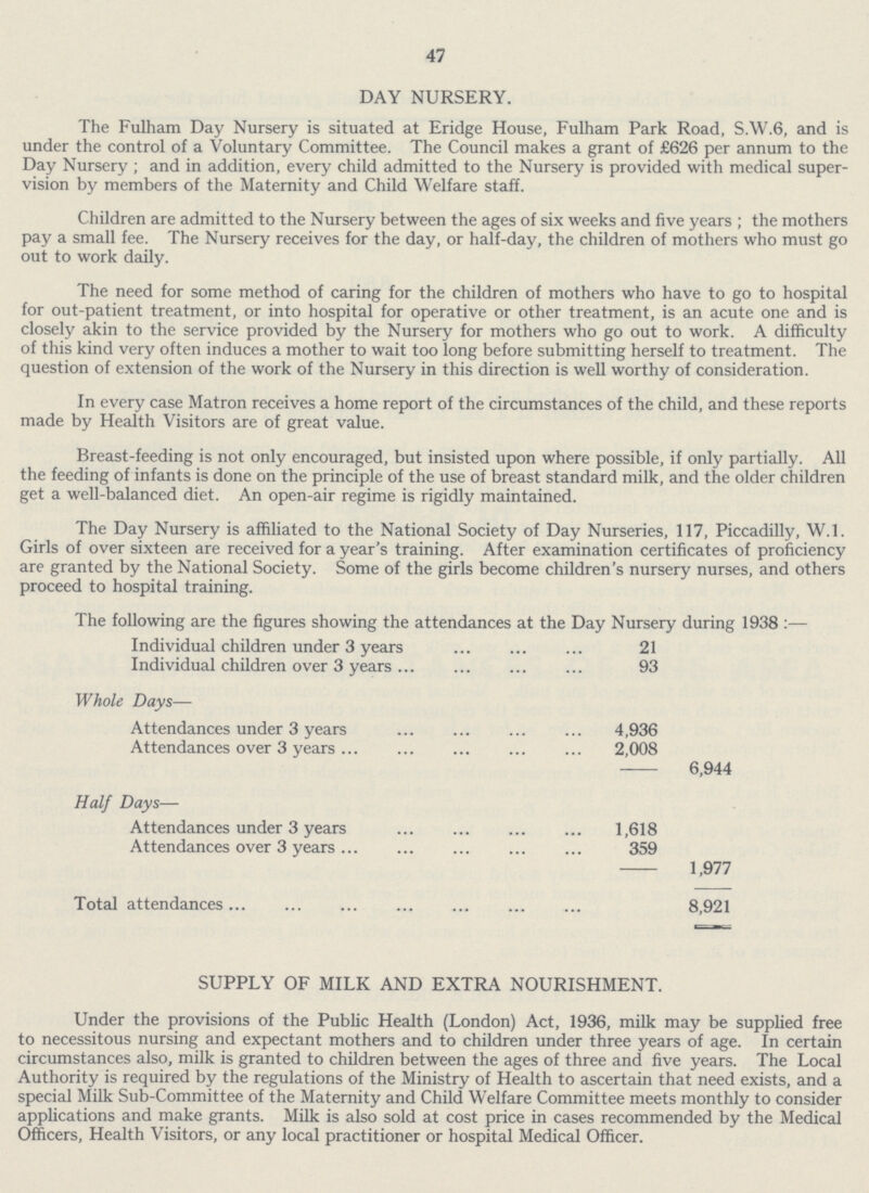 47 DAY NURSERY. The Fulham Day Nursery is situated at Eridge House, Fulham Park Road, S.W.6, and is under the control of a Voluntary Committee. The Council makes a grant of £626 per annum to the Day Nursery; and in addition, every child admitted to the Nursery is provided with medical super vision by members of the Maternity and Child Welfare staff. Children are admitted to the Nursery between the ages of six weeks and five years; the mothers pay a small fee. The Nursery receives for the day, or half-day, the children of mothers who must go out to work daily. The need for some method of caring for the children of mothers who have to go to hospital for out-patient treatment, or into hospital for operative or other treatment, is an acute one and is closely akin to the service provided by the Nursery for mothers who go out to work. A difficulty of this kind very often induces a mother to wait too long before submitting herself to treatment. The question of extension of the work of the Nursery in this direction is well worthy of consideration. In every case Matron receives a home report of the circumstances of the child, and these reports made by Health Visitors are of great value. Breast-feeding is not only encouraged, but insisted upon where possible, if only partially. All the feeding of infants is done on the principle of the use of breast standard milk, and the older children get a well-balanced diet. An open-air regime is rigidly maintained. The Day Nursery is affiliated to the National Society of Day Nurseries, 117, Piccadilly, W.l. Girls of over sixteen are received for a year's training. After examination certificates of proficiency are granted by the National Society. Some of the girls become children's nursery nurses, and others proceed to hospital training. The following are the figures showing the attendances at the Day Nursery during 1938 :— Individual children under 3 years 21 Individual children over 3 years 93 Whole Days— Attendances under 3 years 4,936 Attendances over 3 years 2,008 6,944 Half Days— Attendances under 3 years 1,618 Attendances over 3 years 359 1,977 Total attendances 8,921 SUPPLY OF MILK AND EXTRA NOURISHMENT. Under the provisions of the Public Health (London) Act, 1936, milk may be supplied free to necessitous nursing and expectant mothers and to children under three years of age. In certain circumstances also, milk is granted to children between the ages of three and five years. The Local Authority is required by the regulations of the Ministry of Health to ascertain that need exists, and a special Milk Sub-Committee of the Maternity and Child Welfare Committee meets monthly to consider applications and make grants. Milk is also sold at cost price in cases recommended by the Medical Officers, Health Visitors, or any local practitioner or hospital Medical Officer.