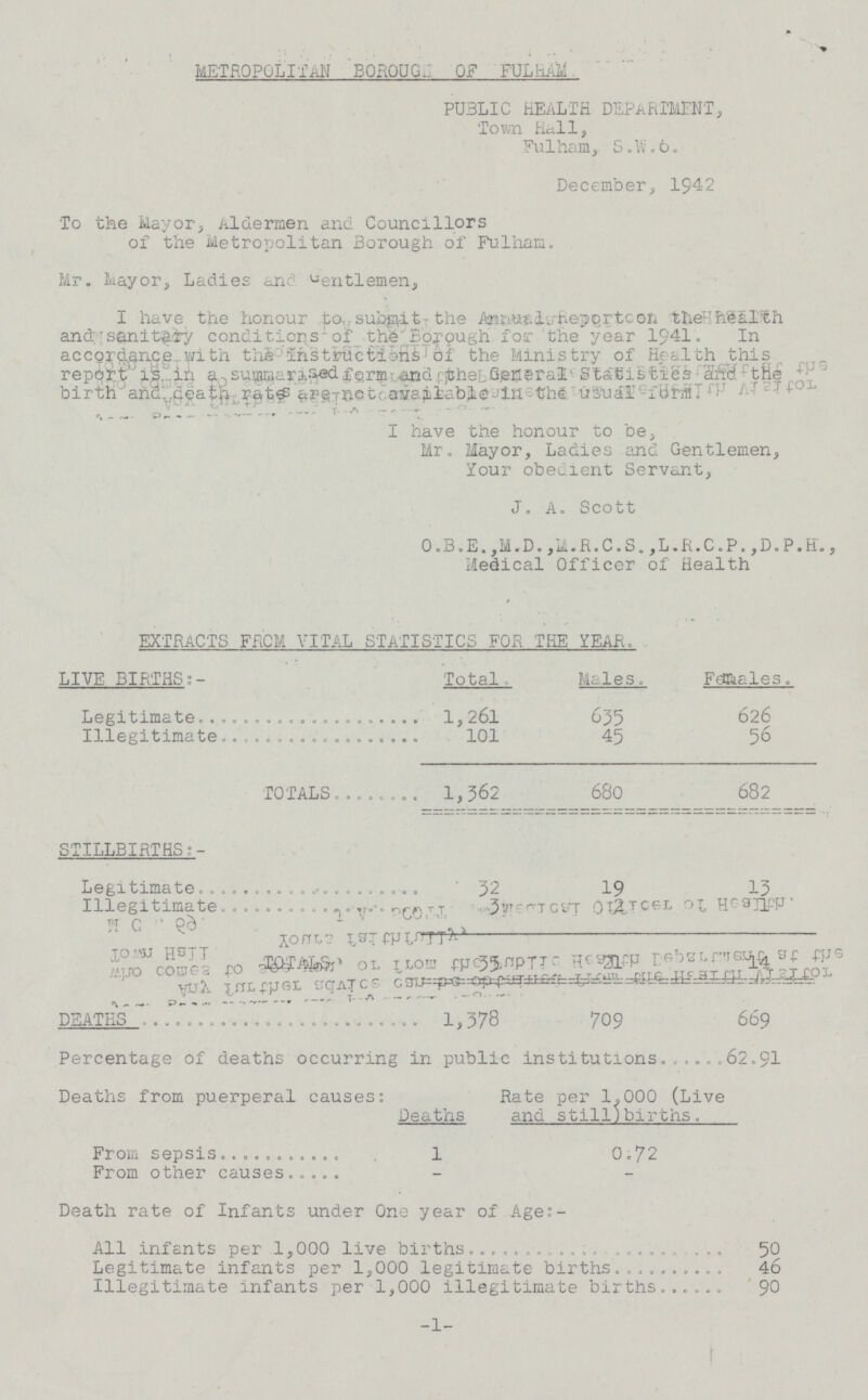 METROPOLITAN BOROUGH. OF FULHAM PUBLIC HEALTH DEPARTMENT, Town Hall, Fulham, S.W.6. December, 1942 To the Mayor, Aldermen and Councillors of the Metropolitan Borough of Fulham. Mr. Mayor, Ladies and Gentlemen, I have the honour to submt-the Annual Report on the health and conditions of the Borough for the year 1941. In accordance with the instructions of the Ministry of Health this report is in a summarised form and the General Statis and the birth and death the usual form. v>- -  1 ~ I have the honour to be, Mr. Mayor, Ladies and Gentlemen, Your obedient Servant, J. A. Scott O.B.E.,M.D. ,L.R.C.P. ,D.P.H., Medical Officer of Health EXTRACTS FROM VITAL STATISTICS FOR THE YEAR. Total. LIVE BIRTHS:- Males. Females. Legitimate 1,261 635 626 Illegitimate 101 45 56 682 1,362 680 TOTALS STILLBIRTHS:- Legitimate 32 19 13 Illegitimate 3 2 1 TOTALS 35 21 14 DEATHS 1,378 709 669 Percentage of deaths occurring in public institutions 62.91 Deaths from puerperal causes: Deaths Rate per 1,000 (Live and still) births. From sepsis 1 0.72 From other causes - - Death rate of Infants under One year of Age:- All infants per 1,000 live births 50 Legitimate infants per 1,000 legitimate births 46 Illegitimate infants per 1,000 illegitimate births. 90