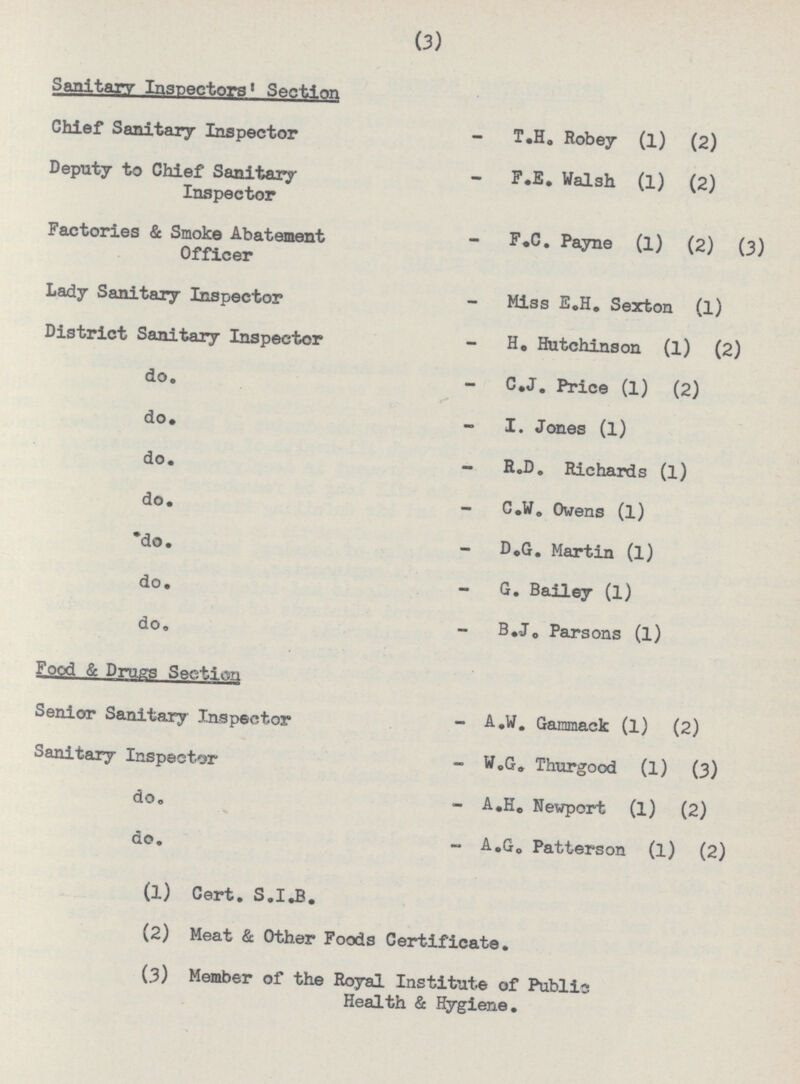 (3) Sanitary Inspectors' Section Chief Sanitary Inspector - T.H. Robey (l) (2) Deputy to Chief Sanitary - F.E. Walsh (l) (2) Inspector Factories & Smoke Abatement - F.C. Payne (l) (2) (3) Officer Lady Sanitary Inspector — Miss E.H. Sexton (l) District Sanitary Inspector - H. Hutchinson (l) (2) do. - C.J. Price (1) (2) do. - I. Jones (l) do. - R.D. Richards (l) do. - C.W. Owens (l) do. - D.G. Martin (l) do. - G. Bailey (l) do. - B.J. Parsons (l) Food & Drugs Section Senior Sanitary Inspector - A.W. Ganmack (l) (2) Sanitary Inspector - W.G. Thurgood (l) (3) do. - A.H. Newport (1) (2) do. - A.G. Patterson (l) (2) (1) Cert. S.I.B. (2) Meat & Other Foods Certificate. (3) Member of the Royal Institute of Publics Health & Hygiene.