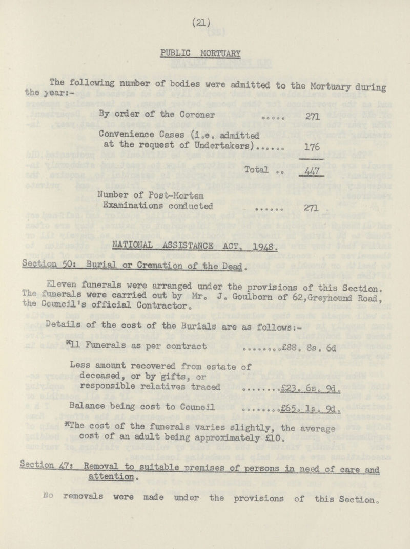 (21) PUBLIC MORTUARY The following number of bodies were admitted to the Mortuary during the year:- By order of the Coroner 271 Convenience Cases (i.e. admitted at the request of Undertakers) 176 Total 447 Number of Post-Mortem Examinations conducted 271 NATIONAL ASSISTANCE ACT. 1913. Section 50: Burial or Cremation of the Dead. Eleven funerals were arranged under the provisions of this Section. The funerals were carried out by Mr. J. Goulborn of 62.,Greynound Road, the Council's official Contractor. Details of the cost of the Burials are as follows:- *11 Funerals as per contract »£88. 8s. 6d Less amount recovered from estate of deceased, or by gifts, or responsible relatives traced. £23. 6s . 9d . Balance being cost to Council .£65.l8. 9d. *The cost of the funerals varies slightly, the average cost of an adult being approximately £10. Section 47: Removal to suitable premises of persons in need of care and attention. No removals were made under the provisions of this Section.