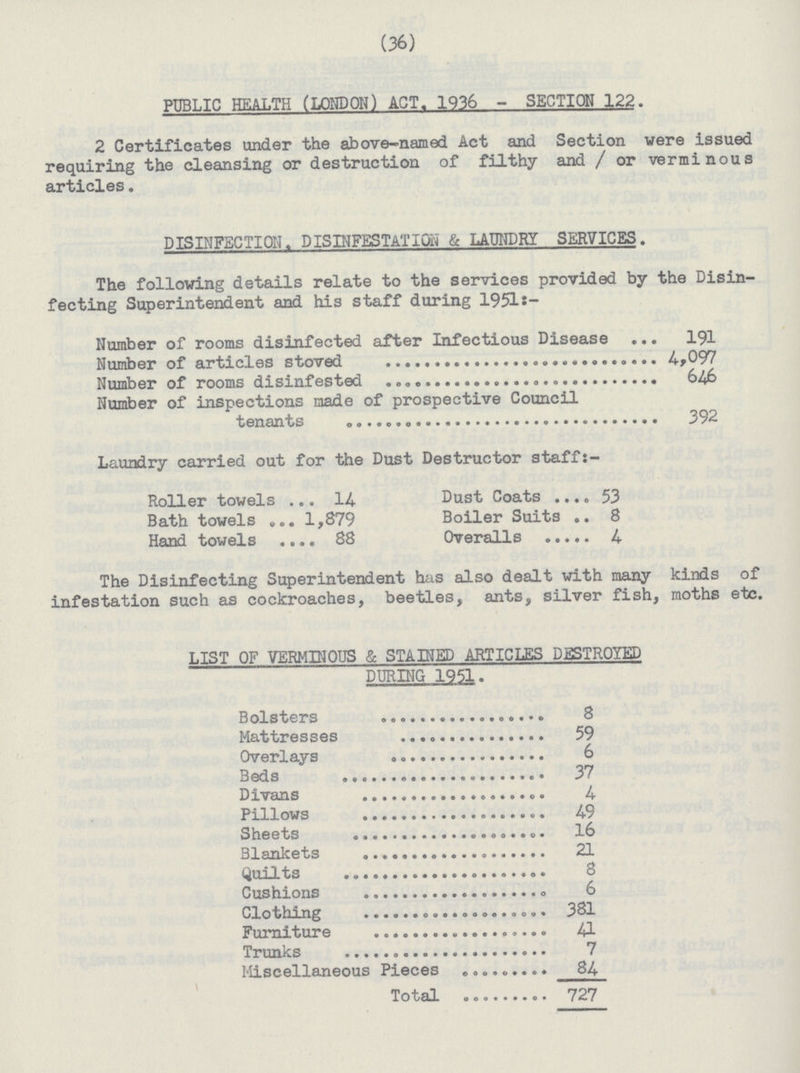 (36) PUBLIC HEALTH (LONDON) ACT. 1936 - SECTION 122. 2 Certificates under the above-named Act and Section were issued requiring the cleansing or destruction of filthy and / or verminous articles. DISINFECTION. PISINFESTATION & LAUNDRY SERVICES. The following details relate to the services provided by the Disin fecting Superintendent and his staff during 1951:- Number of rooms disinfected after Infectious Disease 191 Number of articles stoved 4,097 Number of rooms disinfested 646 Number of inspections made of prospective Council tenants 392 Laundry carried out for the Dust Destructor staffs- Roller towels 14 Dust Coats 53 Bath towels 1,879 Boiler Suits 8 Hand towels 88 Overalls 4 The Disinfecting Superintendent has also dealt with many kinds of infestation such as cockroaches, beetles, ants, silver fish, moths etc. LIST OF VERMINOUS & STAINED ARTICLES DESTROYED DURING 1951. Bolsters 8 Mattresses 59 Overlays 6 Beds 37 Divans 4 Pillows 49 Sheets 16 Blankets 21 Quilts 8 Cushions 6 Clothing 381 Furniture 41 Trunks 7 Miscellaneous Pieces 84 Total 727