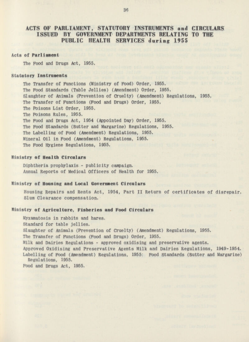 39 ACTS OF PARLIAMENT, STATUTORY INSTRUMENTS and CIRCULARS ISSUED RY GOVERNMENT DEPARTMENTS RELATING TO THE PURLIC HEALTH SERVICES during 1955 Acts of Parliament The Pood and Drugs Act, 1955. Statutory Instruments The Transfer of Functions (Ministry of Pood) Order, 1955. The Pood Standards (Table Jellies) (Amendment) Order, 1955. Slaughter of Animals (Prevention of Cruelty) (Amendment) Regulations, 1955. The Transfer of Functions (Pood and Drugs) Order, 1955. The Poisons List Order, 1955. The Poisons Rules, 1955. The Pood and Drugs Act, 1954 (Appointed Day) Order, 1955. The Pood Standards (Butter and Margarine) Regulations, 1955. The Labelling of Food (Amendment) Regulations, 1955. Mineral Oil in Pood (Amendment) Regulations, 1955. The Pood Hygiene Regulations, 1955. Ministry of Health Circulars Diphtheria prophylaxis - publicity campaign. Annual Reports of Medical Officers of Health for 1955. Ministry of Housing and Local Goverraent Circulars Housing Repairs and Rents Act, 1954, Part II Return of certificates of disrepair. Slum Clearance compensation. Ministry of Agriculture, Fisheries and Food Circulars Myxamatosis in rabbits and hares. Standard for table jellies. Slaughter of Animals (Prevention of Cruelty) (Amendment) Regulations, 1955. The Transfer of Functions (Pood and Drugs) Order, 1955. Milk and Dairies Regulations - approved oxidising and preservative agents. Approved Oxidising and Preservative Agents Milk and Dairies Regulations, 1949-1954. Labelling of Pood (Amendment) Regulations, 1955: Pood Standards (Butter and Margarine) Regulations, 1955. Food and Drugs Act, 1955.