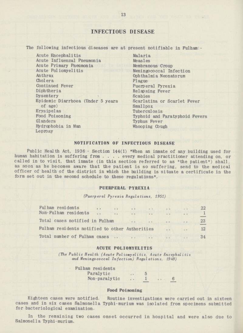 13 INFECTIOUS DISEASE The following infectious diseases are at present notifiable in Fulham:- Acute Encephalitis Malaria Acute Influenzal Pneumonia Measles Acute Primary Pneumonia Membranous Croup Acute Poliomyelitis Meningococcal Infection Anthrax Ophthalmia Neonatorum Cholera Plague Continued Fever Puerperal Pyrexia Diphtheria Relapsing Fever Dysentery - Scabies Epidemic Diarrhoea (Under 5 years Scarlatina or Scarlet Fever of age) Smallpox Erysipelas Tuberculosis Food Poisoning Typhoid and Paratyphoid Fevers Glanders Typhus Fever Hydrophobia in Man Whooping Cough Leprosy NOTIFICATION OF INFECTIOUS DISEASE Public Health Act, 1936 - Section 144(1) When an inmate of any building used for human habitation is suffering from .... every medical practitioner attending on, or called in to visit, that inmate (in this section referred to as the patient) shall as soon as he becomes aware that the patient is so suffering, send to the medical officer of health of the district in which the building is situate a certificate in the form set out in the second schedule to these regulations. PUERPERAL PYREXIA (Puerperal Pyrexia Regulations, 1951) Fulham residents 22 Non-Fulham residents 1 Total cases notified in Fulham 23 Fulham residents notified to other Authorities 12 Total number of Fulham cases 34 ACUTE POLIOMYELITIS (The Public Health (Acute Poliomyelitis Acute Encephal itis and Meningococcal Infection) Regulations. 1949) Fulham residents Paralytic 5 Non-paralytic 1 6 Food Poisoning Eighteen cases were notified. Routine investigations were carried out in sixteen cases and in six cases Salmonella Typhi-murium was isolated from specimens submitted for bacteriological examination. In the remaining two cases onset occurred in hospital and were also due to Salmonella Typhi-murium.