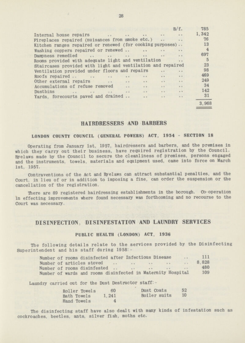 28 B/f. 785 Internal house repairs 1,342 Fireplaces repaired (nuisances from smoke etc.) 76 Kitchen ranges repaired or renewed (for cooking purposes) 13 Washing coppers repaired or renewed 4 Dampness remedied 697 Rooms provided with adequate light and ventilation 5 Staircases provided with light and ventilation and repaired 23 Ventilation provided under floors and repairs 98 Roofs repaired 469 Other external repairs 249 Accumulations of refuse removed 34 Dustbins 142 Yards, forecourts paved and drained 31 3,968 HAIRDRESSERS AND BARBERS LONDON COUNTY COUNCIL (GENERAL POWERS) ACT, 1954 - SECTION 18 Operating from January 1st, 1957, hairdressers and barbers, and the premises in which they carry out their business, have required registration by the Council, Byelaws made by the Council to secure the cleanliness of premises, persons engaged and the instruments, towels, materials and equipment used, came into force on March 1st, 1957. Contraventions of the Act and Byelaws can attract substantial penalties, and the Court, in lieu of or in addition to imposing a fine, can order the suspension or the cancellation of the registration. There are 89 registered hairdressing establishments in the borough. Co operation in effecting improvements where found necessary was forthcoming and no recourse to the Court was necessary DISINFECTION, DISINFESTATION AND LAUNDRY SERVICES PUBLIC HEALTH (LONDON) ACT, 1936 The following details relate to the services provided by the Disinfecting Superintendent and his staff during 1958- Number of rooms disinfected after Infectious Disease 111 Number of articles stoved 8,828 Number of rooms disinfested 480 Number of wards and rooms disinfected in Maternity Hospital 109 Laundry carried out for the Dust Destructor staff :- Roller Towels 60 Dust Coats 52 Bath Towels 1,241 Boiler suits 10 Hand Towels 4 The disinfecting staff have also dealt with many kinds of infestation such as cockroaches, beetles, ants, silver fish, moths etc.