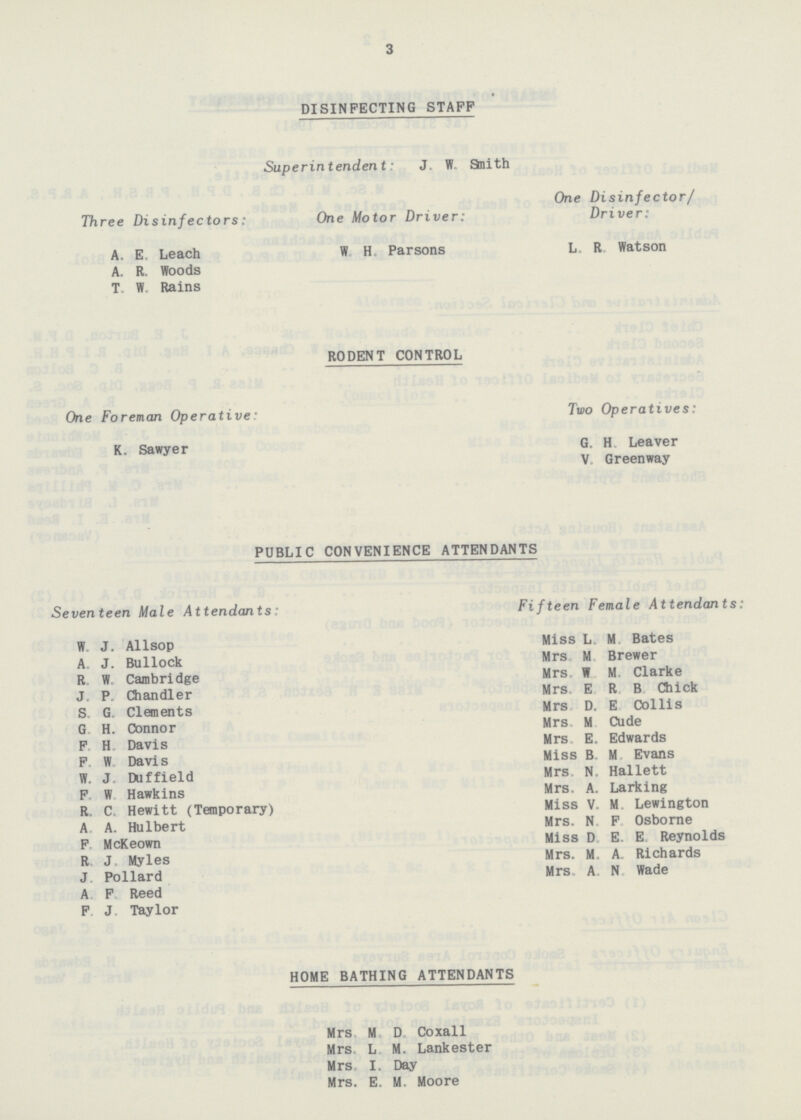 3 DISINFECTING STAFF Superintendent: J.W. Smith One Disinfector/ Three Disinfectors: One Motor Driver: Driver: A. E Leach W.H. Parsons L. R Watson A. R. Woods T. W, Rains RODENT CONTROL One Foreman Operative: Two Operatives: K. Sawyer G.H. Leaver V. Greenway PUBLIC CONVENIENCE ATTENDANTS Seventeen Male Attendants: Fifteen Female Attendants: W.J. Allsop Miss L.M. Bates A. J. Bullock Mrs. M. Brewer R.W. Cambridge Mrs. W.M. Clarke J.P. Chandler Mrs. E.R.B. Chick S.G. Clements Mrs. D.E. Collis G.H. Connor Mrs. M. Cude F.H. Davis Mrs. E. Edwards F.W. Davis Miss B. M. Evans W.J. Duffield Mrs. N. Hallett F.W. Hawkins Mrs. A. Larking R.C. Hewitt (Temporary) Miss V.M. Lewington A. A. Hulbert Mrs. N.F. Osborne F. McKeown Miss D.E.E. Reynolds R. J. Myles Mrs. M. A. Richards J. Pollard Mrs A.N. Wade A.F. Reed F.J. Taylor HOME BATHING ATTENDANTS Mrs. M.D. Coxall Mrs. L.M. Lankester Mrs. I. Day Mrs. E.M. Moore