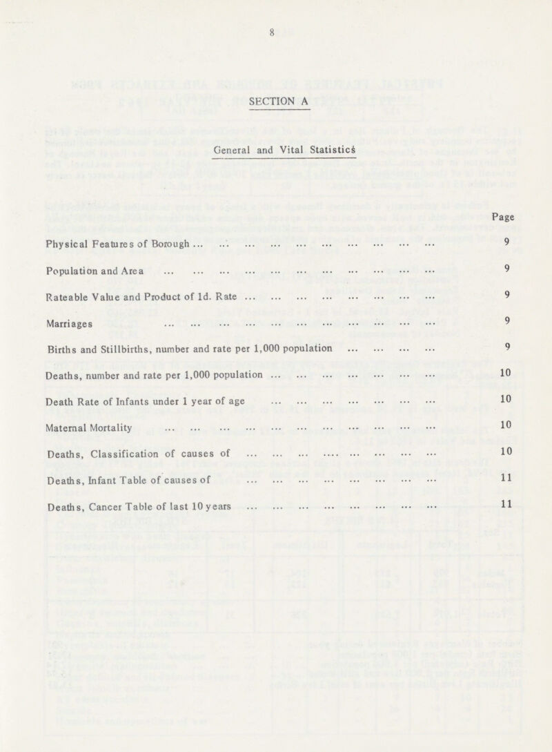 8 SECTION A General and Vital Statistics Page Physical Features of Borough 9 Population and Area 9 Rateable Value and Product of 1d. Rate 9 Marriages 9 Births and Stillbirths, number and rate per 1,000 population 9 Deaths, number and rate per 1,000 population 10 Death Rate of Infants under 1 year of age 10 Maternal Mortality 10 Deaths, Classification of causes of 10 Deaths, Infant Table of causes of 11 Deaths, Cancer Table of last 10 years 11