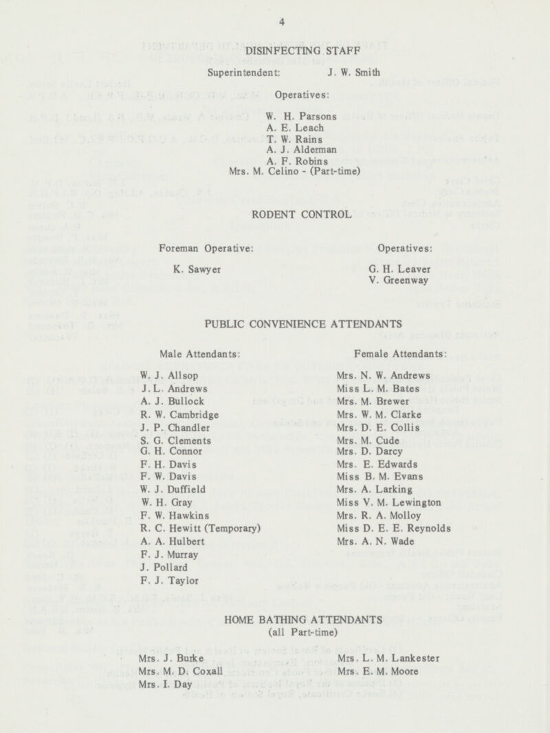 4 DISINFECTING STAFF Superintendent: J. W. Smith Operatives: W. H. Parsons A. E. Leach T. W. Rains A. J. Alderman A. F. Robins Mrs. M. Celino - (Part-time) RODENT CONTROL Foreman Operative: Operatives: K. Sawyer G. H. Leaver V. Greenway PUBLIC CONVENIENCE ATTENDANTS Male Attendants: Female Attendants: W. J. Allsop Mrs. N. W. Andrews J. L. Andrews Miss L. M. Bates Mrs. M.Brewer A. J. Bullock R. W. Cambridge Mrs. W. M. Clarke J. P. Chandler Mrs. D. E. Collis S. G. Clements Mrs. M. Cude G. H. Connor Mrs. D. Darcy F. H. Davis Mrs. E. Edwards F. W. Davis Miss B. M. Evans W. J. Duffield Mrs. A. Larking W. H. Gray Miss V. M. Lewington F. W. Hawkins Mrs. R. A. Molloy R. C. Hewitt (Temporary) Miss D. E. E. Reynolds A. A. Hulbert Mrs. A. N. Wade F. J. Murray J. Pollard F. J. Taylor HOME BATHING ATTENDANTS (all Part-time) Mrs. J. Burke Mrs. L. M. Lankester Mrs. M. D. Coxall Mrs. E. M. Moore Mrs. I. Day