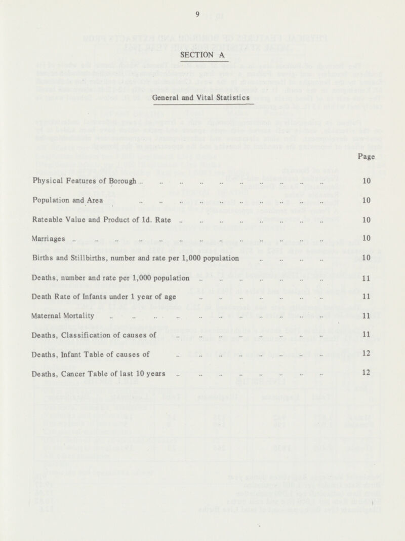 9 SECTION A General and Vital Statistics Page Physical Features of Borough 10 Population and Area 10 Rateable Value and Product of 1d. Rate 10 Marriages 10 Births and Stillbirths, number and rate per 1,000 population 10 Deaths, number and rate per 1,000 population 11 Death Rate of Infants under 1 year of age 11 Maternal Mortality 11 Deaths, Classification of causes of 11 Deaths, Infant Table of causes of 12 Deaths, Cancer Table of last 10 years 12