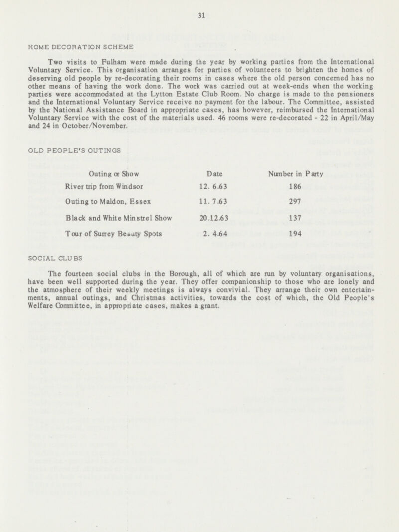 31 HOME DECORATION SCHEME Two visits to Fulham were made during the year by working parties from the International Voluntary Service. This organisation arranges for parties of volunteers to brighten the homes of deserving old people by re-decorating their rooms in cases where the old person concerned has no other means of having the work done. The work was carried out at week-ends when the working parties were accommodated at the Lytton Estate Club Room. No charge is made to the pensioners and the International Voluntary Service receive no payment for the labour. The Committee, assisted by the National Assistance Board in appropriate cases, has however, reimbursed the International Voluntary Service with the cost of the materials used. 46 rooms were re-decorated - 22 in April/May and 24 in October/November. OLD PEOPLE'S OUTINGS Outing or Show Date Number in Party River trip from Windsor 12.6.63 186 Outing to Maldon, Essex 11.7.63 297 Black and White Minstrel Show 20.12.63 137 Tour of Surrey Beauty Spots 2.4.64 194 SOCIAL CLUBS The fourteen social clubs in the Borough, all of which are run by voluntary organisations, have been well supported during the year. They offer companionship to those who are lonely and the atmosphere of their weekly meetings is always convivial. They arrange their own entertain ments, annual outings, and Christmas activities, towards the cost of which, the Old People's Welfare Committee, in appropriate cases, makes a grant.