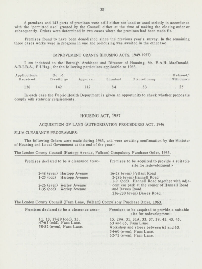 38 6 premises and 143 parts of premises were still either not used or used strictly in accordance with the 'permitted use' granted by the Council either at the time of making the closing order or subsequently. Orders were determined in two cases where the premises had been made fit. Premises found to have been demolished since the previous year's survey. In the remaining three cases works were in progress in one and re-housing was awaited in the other two. IMPROVEMENT GRANTS (HOUSING ACTS, 1949-1957) I am indebted to the Borough Architect and Director of Housing, Mr. E.A.H. MacDonald, A.R.I.B.A., F.I. Hsg., for the following particulars applicable to 1963. Applications Received No. of Dwellings Refused/ Withdrawn Approved Standard Discretionary 136 142 117 84 33 25 In each case the Public Health Department is given an opportunity to check whether proposals comply with statutory requirements. HOUSING ACT, 1957 ACQUISITION OF LAND (AUTHORISATION PROCEDURE) ACT, 1946 SLUM CLEARANCE PROGRAMMES: The following Orders were made during 1963, and were awaiting confirmation by the Minister of Housing and Local Government at the end of the year:- The London County Council (Hartopp Avenue, Fulham) Compulsory Purchase Order, 1963. Premises declared to be a clearance area:- Premises to be acquired to provide a suitable site for redevelopment:- 2-48 (even) Hartopp Avenue 1-25 (odd) Hartopp Avenue 2-26 (even) Werley Avenue 1-35 (odd) Werley Avenue 16-28 (even) Pellant Road 2-28b (even) Hannell Road 1-9 (odd) Hannell Road together with adja cent car park at the corner of Hannall Road and Dawes Road. 216-230 (even) Dawes Road. The London County Council (Farm Lane, Fulham) Compulsory Purchase Order, 1963. Premises declared to be a clearance area:- Premises to be acquired to provide a suitable site for redevelopment:- 11, 13, 17-29 (odd), 35, 47-61 (odd), Farm Lane. 15, 29A, 31, 31A, 33, 37, 39, 41, 43, 45, 63 and 65, Farm Lane. 50-52 (even), Farm Lane. Workshop and stores between 61 and 63. 54-60 (even), Farm Lane. 62-72 (even), Farm Lane.