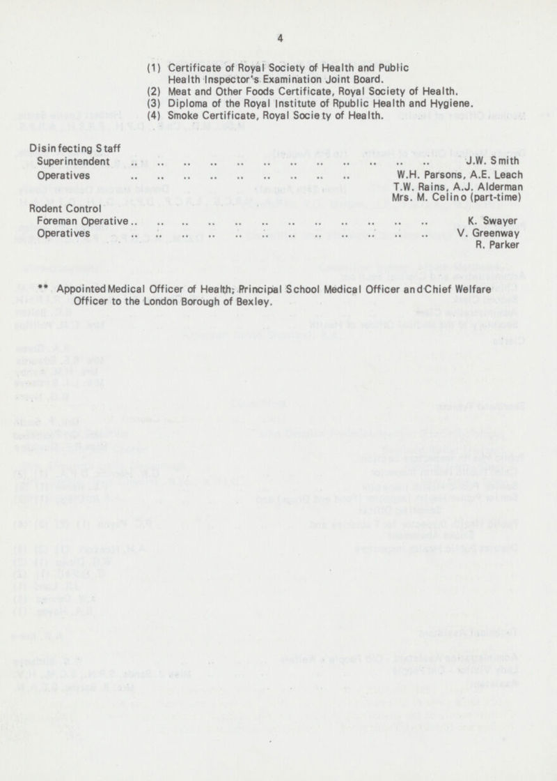 (1) Certificate of Royal Society of Health and Public Health Inspector's Examination Joint Board. (2) Meat and Other Foods Certificate, Royal Society of Health. (3) Diploma of the Royal Institute of Rpublic Health and Hygiene. (4) Smoke Certificate, Royal Society of Health. Disinfecting Staff Superintendent J.W. Smith Operatives W.H. Parsons, A.E. Leach T.W. Rains, A.J. Alderman Mrs. M. Celino (part-time) Rodent Control Foreman Operative K. Swayer Operatives V. Greenway R. Parker ** Appointed Medical Officer of Health; Principal School Medical Officer and Chief Welfare Officer to the London Borough of Bexley.
