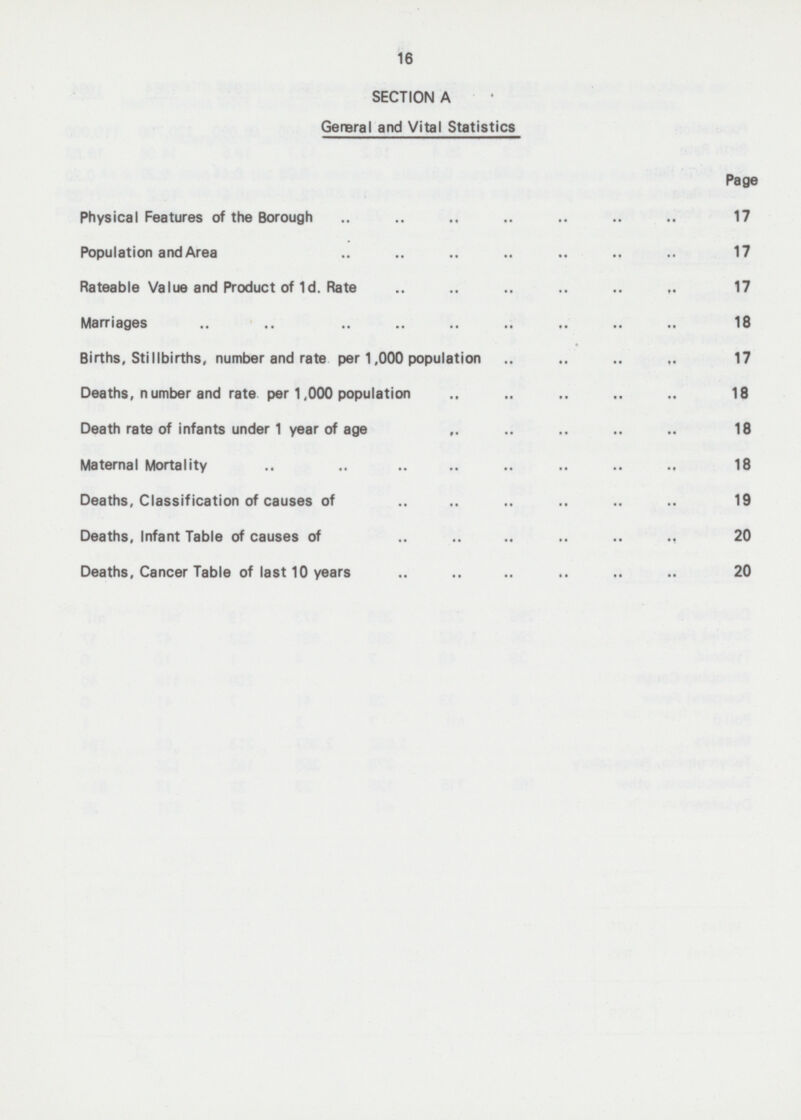 16 SECTION A General and Vital Statistics Page Physical Features of the Borough 17 Population and Area 17 Rateable Value and Product of Id. Rate 17 Marriages 18 Births, Stillbirths, number and rate per 1,000 population 17 Deaths, number and rate per 1.000 population 18 Death rate of infants under 1 year of age 18 Maternal Mortality 18 Deaths, Classification of causes of 19 Deaths, Infant Table of causes of 20 Deaths, Cancer Table of last 10 years 20