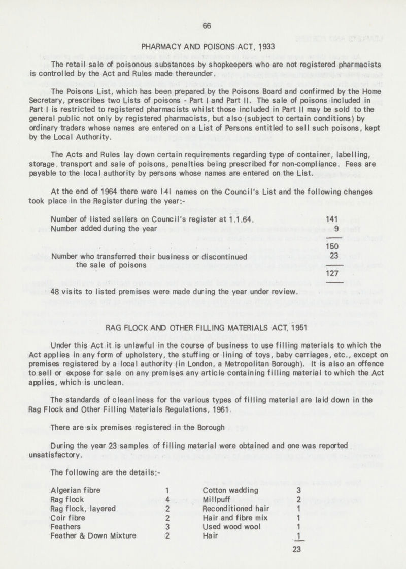 66 PHARMACY AND POISONS ACT, 1933 The retail sale of poisonous substances by shopkeepers who are not registered pharmacists is controlled by the Act and Rules made thereunder. The Poisons List, which has been prepared by the Poisons Board and confirmed by the Home Secretary, prescribes two Lists of poisons - Part I and Part II. The sale of poisons included in Part I is restricted to registered pharmacists whilst those included in Part II may be sold to the general public not only by registered pharmacists, but also (subject to certain conditions) by ordinary traders whose names are entered on a List of Persons entitled to sell such poisons, kept by the Local Authority. The Acts and Rules lay down certain requirements regarding type of container, labelling, storage transport and sale of poisons, penalties being prescribed for non-compliance. Fees are payable to the local authority by persons whose names are entered on the List. At the end of 1964 there were 141 names on the Council's List and the following changes took place in the Register during the year:- Number of listed sellers on Council's register at 1.1.64. 141 Number added during the year 9 150 23 Number who transferred their business or discontinued the sale of poisons 127 48 visits to listed premises were made during the year under review. RAG FLOCK AND OTHER FILLING MATERIALS ACT, 1951 Under this Act it is unlawful in the course of business to use filling materials to which the Act applies in any form of upholstery, the stuffing or lining of toys, baby carriages, etc., except on premises registered by a local authority (in London, a Metropolitan Borough). It is also an offence to sell or expose for sale on any premises any article containing filling material to which the Act applies, which is unclean. The standards of cleanliness for the various types of filling material are laid down in the Rag Flock and Other Filling Materials Regulations, 1961 There are six premises registered in the Borough During the year 23 samples of filling material were obtained and one was reported unsatisfactory. The following are the details:- Algerian fibre 1 Cotton wadding 3 Rag flock 4 Millpuff 2 Rag flock, layered 2 Reconditioned hair 1 Coir fibre 2 Hair and fibre mix 1 Feathers 3 Used wood wool 1 Feather & Down Mixture 2 Hair 1 23