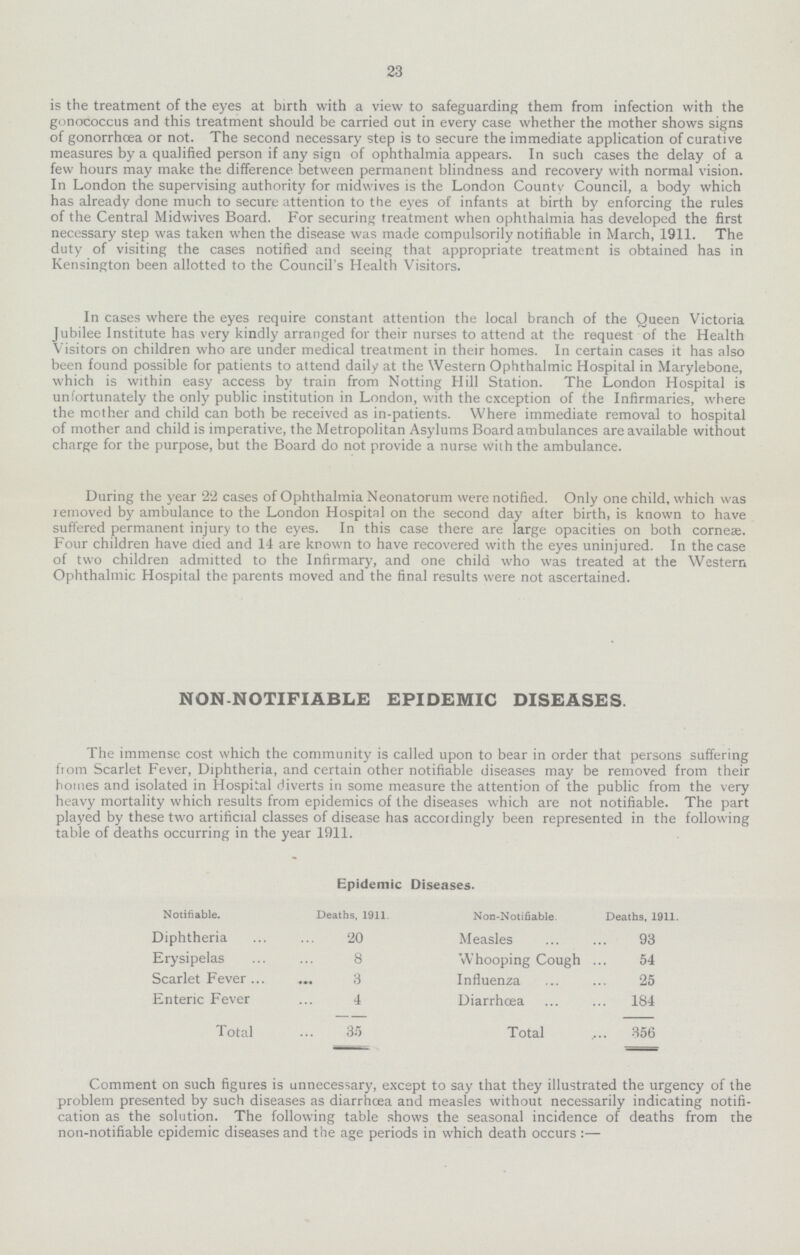 23 is the treatment of the eyes at birth with a view to safeguarding them from infection with the gonococcus and this treatment should be carried out in every case whether the mother shows signs of gonorrhoea or not. The second necessary step is to secure the immediate application of curative measures by a qualified person if any sign of ophthalmia appears. In such cases the delay of a few hours may make the difference between permanent blindness and recovery with normal vision. In London the supervising authority for midwives is the London Countv Council, a body which has already done much to secure attention to the eyes of infants at birth by enforcing the rules of the Central Midwives Board. For securing treatment when ophthalmia has developed the first necessary step was taken when the disease was made compulsorily notifiable in March, 1911. The duty of visiting the cases notified and seeing that appropriate treatment is obtained has in Kensington been allotted to the Council's Health Visitors. In cases where the eyes require constant attention the local branch of the Queen Victoria Jubilee Institute has very kindly arranged for their nurses to attend at the request of the Health Visitors on children who are under medical treatment in their homes. In certain cases it has also been found possible for patients to attend daily at the Western Ophthalmic Hospital in Marylebone, which is within easy access by train from Notting Hill Station. The London Hospital is unfortunately the only public institution in London, with the exception of the Infirmaries, where the mother and child can both be received as in-patients. Where immediate removal to hospital of mother and child is imperative, the Metropolitan Asylums Board ambulances are available without charge for the purpose, but the Board do not provide a nurse with the ambulance. During the year 22 cases of Ophthalmia Neonatorum were notified. Only one child, which was removed by ambulance to the London Hospital on the second day after birth, is known to have suffered permanent injury to the eyes. In this case there are large opacities on both corneae. Four children have died and 14 are known to have recovered with the eyes uninjured. In the case of two children admitted to the Infirmary, and one child who was treated at the Western Ophthalmic Hospital the parents moved and the final results were not ascertained. NON-NOTIFIABLE EPIDEMIC DISEASES. The immense cost which the community is called upon to bear in order that persons suffering from Scarlet Fever, Diphtheria, and certain other notifiable diseases may be removed from their homes and isolated in Hospital diverts in some measure the attention of the public from the very heavy mortality which results from epidemics of the diseases which are not notifiable. The part played by these two artificial classes of disease has accordingly been represented in the following table of deaths occurring in the year 1911. Epidemic Diseases. Notifiable. Deaths, 1911. Non-Notifiable. Deaths, 1911. Diphtheria 20 Measles 93 Erysipelas 8 Whooping Cough 54 Scarlet Fever 3 Influenza 25 Enteric Fever 4 Diarrhœa 184 Total 35 Total 356 Comment on such figures is unnecessary, except to say that they illustrated the urgency of the problem presented by such diseases as diarrhoea and measles without necessarily indicating notifi cation as the solution. The following table shows the seasonal incidence of deaths from the non-notifiable cpidemic diseases and the age periods in which death occurs :—