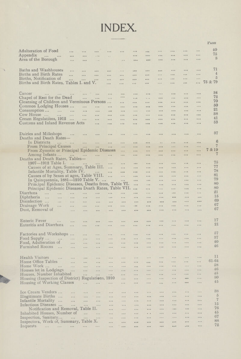 INDEX. Page Adulteration of Food 40 Appendix 75 Area of the Borough 3 Baths and Washhouses 71 Births and Birth Rates 4 Births, Notification of 5 Births and Birth Rates, Tables I. and V. 75 & 79 Cancer 34 Chapel of Rest for the Dead 72 Cleansing of Children and Verminous Persons 70 Common Lodging Houses 50 Consumption 21 Cow House 88 Cream Regulations, 1912 41 Customs and Inland Revenue Acts 53 Dairies and Milkshops 37 Deaths and Death Rates— In Districts 6 From Principal Causes 7 From Zymotic or Principal Epidemic Diseases 7 & 19 Among Infants 7 Deaths and Death Rates, Tables— 1907—1912 Table 1 75 Causes of at Ages, Summary, Table III 77 Infantile Mortality, Table IV 78 Causes of by Sexes at ages, Table VIII 81 In Quinquennia, 1881—1910 Table V 79 Principal Epidemic Diseases, Deaths from, Table VI 80 Principal Epidemic Diseases Death Rates, Table VII 80 Diarrhœa 21 Diphtheria 15 Disinfection 69 Drainage Work 67 Dust, Removal of 67 Enteric Fever 17 Enteritis and Diarrhœa 21 Factories and Workshops 57 Food Supply 37 Food, Adulteration of 40 Furnished Rooms 46 Health Visitors 11 Home Office Tables 61-64 Home Work 58 Houses let in Lodgings 46 Houses, Number Inhabited 45 Housing (Inspection of District) Regulations, 1910 50 Housing of Working Classes 45 Ice Cream Vendors 38 Illegitimate Births 5 Infantile Mortality 7 Infectious Diseases 15 Notification and Removal, Table II. 76 Inhabited Houses, Number of 45 Inspection, Sanitary 67 Inspectors, Work of, Summary, Table X. 88 Inquests 72