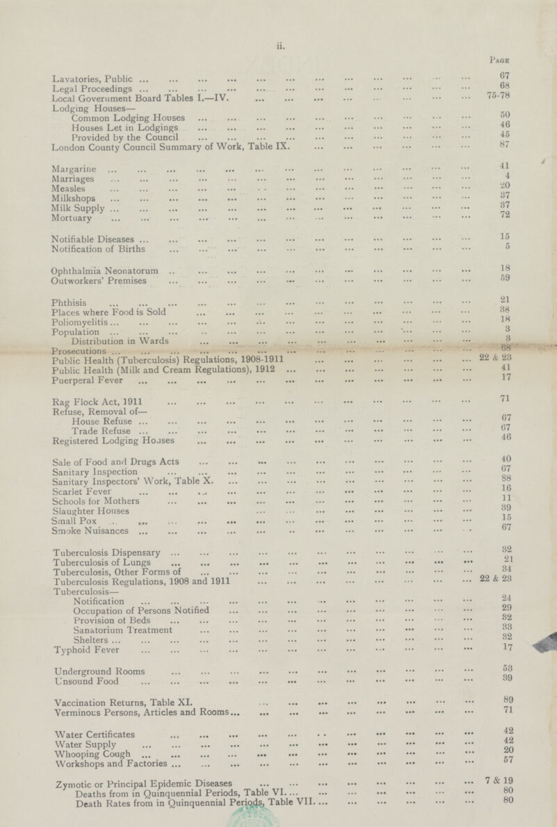 ii. Page Lavatories, Public 67 Legal Proceedings 68 Local Government Board Tables I.—IV 75-78 Lodging Houses— Common Lodging Houses 50 Houses Let in Lodgings 46 Provided by the Council 45 London County Council Summary of Work, Table IX 87 Margarine 41 Marriages 4 Measles 20 Milkshops 37 Milk Supply 37 Mortuary 72 Notifiable Diseases 15 Notification of Births 5 Ophthalmia Neonatorum 18 Outworkers' Premises 59 Phthisis 21 Places where Food is Sold 88 Poliomyelitis 18 Population 8 Distribution in Wards 8 Prosecutions 68 Public Health (Tuberculosis) Regulations, 1908-1911 22 & 23 Public Health (Milk and Cream Regulations), 1912 41 Puerperal Fever 17 Rag Flock Act, 1911 71 Refuse, Removal of— House Refuse 67 Trade Refuse 67 Registered Lodging Houses 46 Sale of Food and Drugs Acts 40 Sanitary Inspection 67 Sanitary Inspectors' Work, Table X 88 Scarlet Fever 16 Schools for Mothers 11 Slaughter Houses 39 Small Pox 15 Smoke Nuisances 67 Tuberculosis Dispensary 32 Tuberculosis of Lungs 21 Tuberculosis, Other Forms of 34 Tuberculosis Regulations, 1908 and 1911 22 & 23 Tuberculosis— Notification 24 Occupation of Persons Notified 29 Provision ot Beds 82 Sanatorium Treatment 33 Shelters 32 Typhoid Fever 17 Underground Rooms 53 Unsound Food 39 Vaccination Returns, Table XI 89 Verminous Persons, Articles and Rooms 71 Water Certificates 42 Water Supply 42 Whooping Cough 20 Workshops and Factories 57 Zymotic or Principal Epidemic Diseases 7 & 19 Deaths from in Quinquennial Periods, Table VI 80 Death Rates from in Quinquennial Perigcjia, Table VII 80