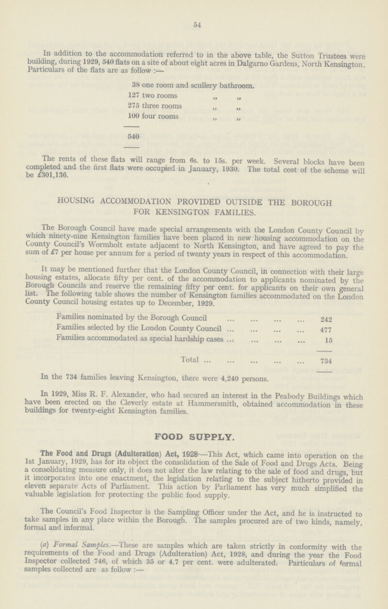 54 In addition to the accommodation referred to in the above table, the Sutton Trustees were building, during 1929, 540 flats on a site of about eight acres in Dalgarno Gardens, North Kensington. Particulars of the flats are as follow:— 38 one room and scullery bathroom. 127 two rooms „ „ 275 three rooms „ „ 100 four rooms „ „ 540 The rents of these flats will range from 6s. to 15s. per week. Several blocks have been completed and the first flats were occupied in January, 1930. The total cost of the scheme will be £301,136. HOUSING ACCOMMODATION PROVIDED OUTSIDE THE BOROUGH FOR KENSINGTON FAMILIES. The Borough Council have made special arrangements with the London County Council by which ninety-nine Kensington families have been placed in new housing accommodation on the County Council's Wormholt estate adjacent to North Kensington, and have agreed to pay the sum of £7 per house per annum for a period of twenty years in respect of this accommodation. It may be mentioned further that the London County Council, in connection with their large housing estates, allocate fifty per cent. of the accommodation to applicants nominated by the Borough Councils and reserve the remaining fifty per cent. for applicants on their own general list. The following table shows the number of Kensington families accommodated on the London County Council housing estates up to December, 1929. Families nominated by the Borough Council 242 Families selected by the London County Council 477 Families accommodated as special hardship cases 15 Total 734 In the 734 families leaving Kensington, there were 4,240 persons. In 1929, Miss R. F. Alexander, who had secured an interest in the Peabody Buildings which have been erected on the Cleverly estate at Hammersmith, obtained accommodation in these buildings for twenty-eight Kensington families. FOOD SUPPLY. The Food and Drugs(Adulteration) Act, 1928-—This Act, which came into operation on the 1st January, 1929, has for its object the consolidation of the Sale of Food and Drugs Acts. Being a consolidating measure only, it does not alter the law relating to the sale of food and drugs, but it incorporates into one enactment, the legislation relating to the subject hitherto provided in eleven separate Acts of Parliament. This action by Parliament has very much simplified the valuable legislation for protecting the public food supply. The Council's Food Inspector is the Sampling Officer under the Act, and he is instructed to take samples in any place within the Borough. The samples procured are of two kinds, namely, formal and informal. (a) Formal Samples.—These are samples which are taken strictly in conformity with the requirements of the Food and Drugs(Adulteration) Act, 1928, and during the year the Food Inspector collected 746, of which 35 or 4.7 per cent. were adulterated. Particulars of formal samples collected are as follow :—