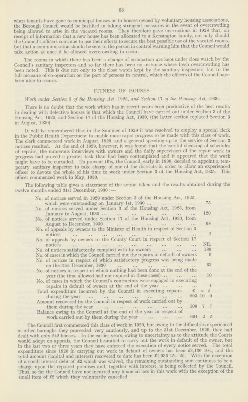 53 when tenants have gone to municipal houses or to houses owned by voluntary housing associations, the Borough Council would be justified in taking stringent measures in the event of overcrowding being allowed to arise in the vacated rooms. They therefore gave instructions in 1928 that, on receipt of information that a new house has been allocated to a Kensington family, not only should the Council's officers continue to use their efforts to secure the best possible use of the vacated rooms, but that a communication should be sent to the person in control warning him that the Council would take action at once if he allowed overcrowding to occur. The rooms in which there has been a change of occupation are kept under close watch by the Council's sanitary inspectors and so far there has been no instance where fresh overcrowding has been noted. This is due not only to the close watch kept by the sanitary inspectors, but to the full measure of co-operation on the part of persons in control, which the officers of the Council have been able to secure. FITNESS OF HOUSES. Work under Section 3 of the Housing Act, 1925, and Section 17 of the Housing Act, 1930. There is no doubt that the work which has in recent years been productive of the best results in dealing with defective houses is that which the Council have carried out under Section 3 of the Housing Act, 1925, and Section 17 of the Housing Act, 1930, (the latter section replaced Section 3 in August, 1930). It will be remembered that in the Summer of 1929 it was resolved to employ a special clerk in the Public Health Department to enable more rapid progress to be made with this class of work. The clerk commenced work in August, 1929, and a general speeding-up in the service of Section 3 notices resulted. At the end of 1929, however, it was found that the careful checking of schedules of repairs, the numerous interviews with owners and the daily supervision of the repair work in progress had proved a greater task than had been contemplated and it appeared that the work might have to be curtailed. To prevent this, the Council, early in 1930, decided to appoint a tem porary sanitary inspector to take charge of one of the districts in order to allow an experienced officer to devote the whole of his time to work under Section 3 of the Housing Act, 1925. This officer commenced work in May, 1930. The following table gives a statement of the action taken and the results obtained during the twelve months ended 31st December, 1930 :— No. of notices served in 1929 under Section 3 of the Housing Act, 1925, which were outstanding on January 1st, 1930 75 No. of notices served under Section 3 of the Housing Act, 1925, from January to August, 1930 120 No. of notices served under Section 17 of the Housing Act, 1930, from August to December, 1930 68 No. of appeals by owners to the Minister of Health in respect of Section 3 notices 2 No. of appeals by owners to the County Court in respect of Section 17 notices Nil. No. of notices satisfactorily complied with by owners 180 No. of cases in which the Council carried out the repairs in default of owners 9 No. of notices in respect of which satisfactory progress was being made on the 31st December, 1930 63 No. of notices in respect of which nothing had been done at the end of the year (the time allowed had not expired in these cases) 10 No. of cases in which the Council's contractors were engaged in executing repairs in default of owners at the end of the year 1 Total expenditure incurred by the Council in executing repairs £ s. d during the year 803 10 0 Amount recovered by the Council in respect of work carried out by them during the year 109 7 7 Balance owing to the Council at the end of the year in respect of work carried out by them during the year 694 2 5 The Council first commenced this class of work in 1920, but owing to the difficulties experienced in other boroughs they proceeded very cautiously, and up to the 31st December, 1929, they had dealt with only 242 houses. In the earlier years, owing to uncertainty as to the attitude the Courts would adopt on appeals, the Council hesitated to carry out the work in default of the owner, but in the last two or three years they have enforced the execution of every notice served. The total expenditure since 1920 in carrying out work in default of owners has been £3,136 10s., and the total amount (capital and interest) recovered to date has been £1,935 15s. 2d. With the exception of a small interest debt of £2 which was waived, the remaining outstanding sum continues to be a charge upon the repaired premises and, together with interest, is being collected by the Council, Thus, so far the Council have not incurred any financial loss in this work with the exception of the small item of £2 which they voluntarily cancelled.