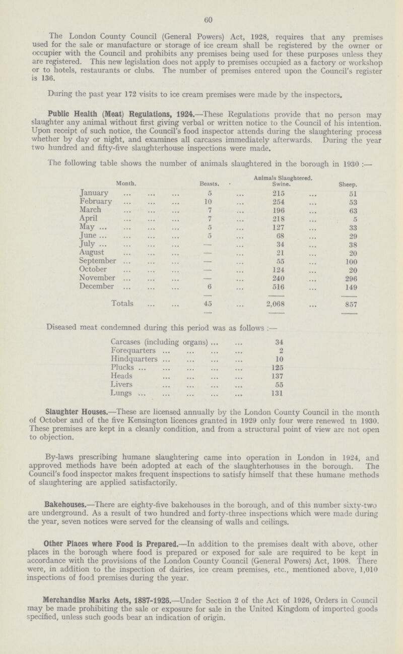 60 The London County Council (General Powers) Act, 1928, requires that any premises used for the sale or manufacture or storage of ice cream shall be registered by the owner or occupier with the Council and prohibits any premises being used for these purposes unless they are registered. This new legislation does not apply to premises occupied as a factory or workshop or to hotels, restaurants or clubs. The number of premises entered upon the Council's register is 136. During the past year 172 visits to ice cream premises were made by the inspectors. Public Health (Meat) Regulations, 1924.—These Regulations provide that no person may slaughter any animal without first giving verbal or written notice to the Council of his intention. Upon receipt of such notice, the Council's food inspector attends during the slaughtering process whether by day or night, and examines all carcases immediately afterwards. During the year two hundred and fifty-five slaughterhouse inspections were made. The following table shows the number of animals slaughtered in the borough in 1930:— Animals Slaughtered. Month. Beasts. Swine. Sheep. January 5 215 51 February 10 254 53 March 7 196 63 April 7 218 5 May 5 127 33 June 5 68 29 July — 34 38 August — 21 20 September — 55 100 October — 124 20 November — 240 296 December 6 516 149 Totals 45 2,068 857 Diseased meat condemned during this period was as follows :— Carcases (including organs) 34 Forequarters 2 Hindquarters 10 Plucks 125 Heads 137 Livers 55 Lungs 131 Slaughter Houses.—These are licensed annually by the London County Council in the month of October and of the five Kensington licences granted in 1929 only four were renewed in 1930. These premises are kept in a cleanly condition, and from a structural point of view are not open to objection. By-laws prescribing humane slaughtering came into operation in London in 1924, and approved methods have been adopted at each of the slaughterhouses in the borough. The Council's food inspector makes frequent inspections to satisfy himself that these humane methods of slaughtering are applied satisfactorily. Bakehouses.—There are eighty-five bakehouses in the borough, and of this number sixty-two are underground. As a result of two hundred and forty-three inspections which were made during the year, seven notices were served for the cleansing of walls and ceilings. Other Places where Food is Prepared.—In addition to the premises dealt with above, other places in the borough where food is prepared or exposed for sale are required to be kept in accordance with the provisions of the London County Council (General Powers) Act, 1908. There were, in addition to the inspection of dairies, ice cream premises, etc., mentioned above, 1,010 inspections of food premises during the year. Merchandise Marks Acts, 1887-1928.—Under Section 2 of the Act of 1926, Orders in Council may be made prohibiting the sale or exposure for sale in the United Kingdom of imported goods specified, unless such goods bear an indication of origin.