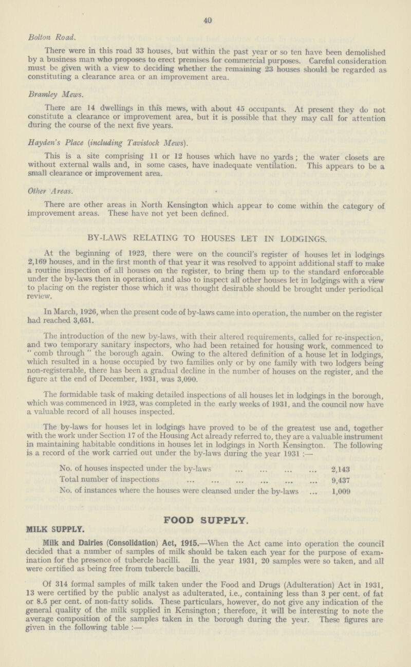 40 Bolton Road. There were in this road 33 houses, but within the past year or so ten have been demolished by a business man who proposes to erect premises for commercial purposes. Careful consideration must be given with a view to deciding whether the remaining 23 houses should be regarded as constituting a clearance area or an improvement area. Bramley Mews. There are 14 dwellings in this mews, with about 45 occupants. At present they do not constitute a clearance or improvement area, but it is possible that they may call for attention during the course of the next five years. Hayden's Place (including Tavistock Mews). This is a site comprising 11 or 12 houses which have no yards; the water closets are without external walls and, in some cases, have inadequate ventilation. This appears to be a small clearance or improvement area. Other Areas. There are other areas in North Kensington which appear to come within the category of improvement areas. These have not yet been defined. BY-LAWS RELATING TO HOUSES LET IN LODGINGS. At the beginning of 1923, there were on the council's register of houses let in lodgings 2,169 houses, and in the first month of that year it was resolved to appoint additional staff to make a routine inspection of all houses on the register, to bring them up to the standard enforceable under the by-laws then in operation, and also to inspect all other houses let in lodgings with a view to placing on the register those which it was thought desirable should be brought under periodical review. In March, 1926, when the present code of by-laws came into operation, the number on the register had reached 3,651. The introduction of the new by-laws, with their altered requirements, called for re-inspection, and two temporary sanitary inspectors, who had been retained for housing work, commenced to  comb through  the borough again. Owing to the altered definition of a house let in lodgings, which resulted in a house occupied by two families only or by one family with two lodgers being non-registerable, there has been a gradual decline in the number of houses on the register, and the figure at the end of December, 1931, was 3,090. The formidable task of making detailed inspections of all houses let in lodgings in the borough, which was commenced in 1923, was completed in the early weeks of 1931, and the council now have a valuable record of all houses inspected. The by-laws for houses let in lodgings have proved to be of the greatest use and, together with the work under Section 17 of the Housing Act already referred to, they are a valuable instrument in maintaining habitable conditions in houses let in lodgings in North Kensington. The following is a record of the work carried out under the by-laws during the year 1931 :— No. of houses inspected under the by-laws 2,143 Total number of inspections 9,437 No. of instances where the houses were cleansed under the by-laws 1,009 FOOD SUPPLY. MILK SUPPLY. Milk and Dairies (Consolidation) Act, 1915.—When the Act came into operation the council decided that a number of samples of milk should be taken each year for the purpose of exam ination for the presence of tubercle bacilli. In the year 1931, 20 samples were so taken, and all were certified as being free from tubercle bacilli. Of 314 formal samples of milk taken under the Food and Drugs (Adulteration) Act in 1931, 13 were certified by the public analyst as adulterated, i.e., containing less than 3 per cent, of fat or 8.5 per cent, of non-fatty solids. These particulars, however, do not give any indication of the general quality of the milk supplied in Kensington; therefore, it will be interesting to note the average composition of the samples taken in the borough during the year. These figures are given in the following table :—