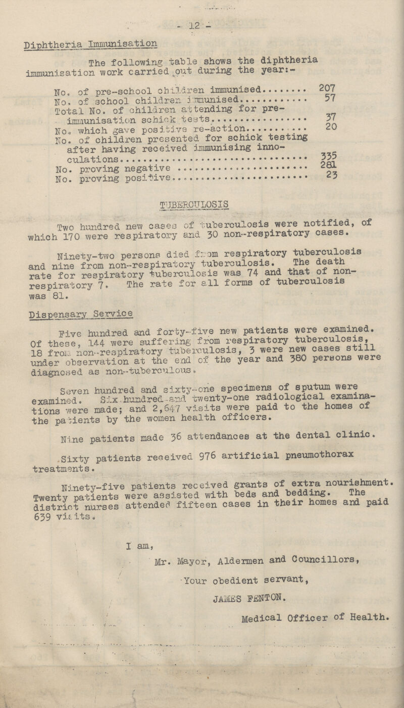 12 Diphtheria Immunisation The following table shows the diphtheria immunisation work carried out during the years- No. of pre-school children immunised 207 No. of school children Immunised 57 Total No. of children attending for pre immunisation schick tests 37 No. which gave positive re-action 20 No. of children presented for schick testing after having received immunising inno culations 335 No. proving negative 281 No. proving positive 23 TUBERCULOSIS Two hundred new cases of tuberculosis were notified, of which 170 were respiratory and 30 non-respiratory cases. Ninety-two persons died from respiratory tuberculosis and nine from non-respiratory tuberculosis. The death rate for respiratory tuberculosis was 74 and that of non respiratory 7. The rate for all forms of tuberculosis was 81. Dispensary Service Five hundred and forty-five new patients were examined. Of these, 144 were suffering from respiratory tuberculosis, 18 from. non-respiratory tuberculosis, 3 were new cases still under observation at the end of the year and 380 persons were diagnosed as non-tuberculous. Seven hundred and sixty-one specimens of sputum were examined. Six hundred and twenty-one radiological examina tions were made; and 2,647 visits were paid to the homes of the patients by the women health officers. Nine patients made 36 attendances at the dental clinic. Sixty patients received 976 artificial pneumothorax treatments. Ninety-five patients received grants of extra nourishment. Twenty patients were assisted with beds and bedding. The district nurses attended fifteen cases in their homes and paid 639 visits. I am , Mr. Mayor, Aldermen and Councillors, Your obedient servant, JAMES FENTON. Medical Officer of Health.