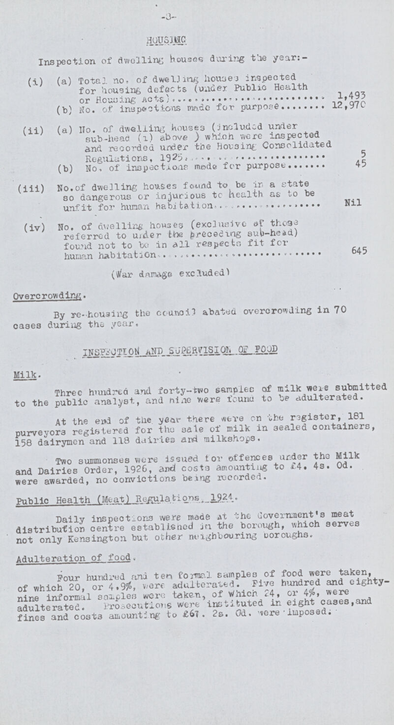 -8- HOUSING Inspection of dwelling houses during the year:- (i) (a) Total no. of dwelling houses inspected for housing defects (under Public Health or Housing Acts) 1,493 (b) No. of inspections made for purpose 12,970 (ii) (a) No. of dwelling houses (included under sub-head (i) above ) which were inspected and recorded under the Horsing Consolidated Regulation, 1925 5 (b) No. of inspections made for purpose 45 (iii) No. of dwelling houses found to be in a state so dangerous or injurious to health as to be unfit for human habitation Nil (iv) No. of dwelling, houses (exclusive of those referred to under the preceding sub-head) found not to be in all respects fit for (War damage excluded) 645 Overcrowding. By re-housing the council abated overcrowding in 70 cases during the year. INSPECTION AND SUPERVISION OF FOOD Milk. Three hundred and forty-two samples of milk were submitted to the public analyst, and nine were found to be adulterated. At the end of the year there were on the register, 181 purveyors registered for the sale of milk in sealed containers, 158 dairymen and 118 dairies and milkshops. Two summonses were issued tor offences under the Milk and Dairies Order, 1926, and costs amounting to £4. 4s. 0d. were awarded, no convictions being recorded. Public Health (Meat) Regulafcioris,1924. Daily inspections were made at the Governments meat distribution centre established in the borough, which serves not only Kensington but other neighbouring boroughs. Adulteration of food. Four hundred ana ten formal samples of food were taken, of which 20, or 4.9%, werc adulterated. Five hundred and eighty nine informal samples were taken, of Which 24, or 4%, were adulterated. Prosecutions were instituted in eight cases,and fines and cost3 amounting to £67. 2s. 0d. were imposed.