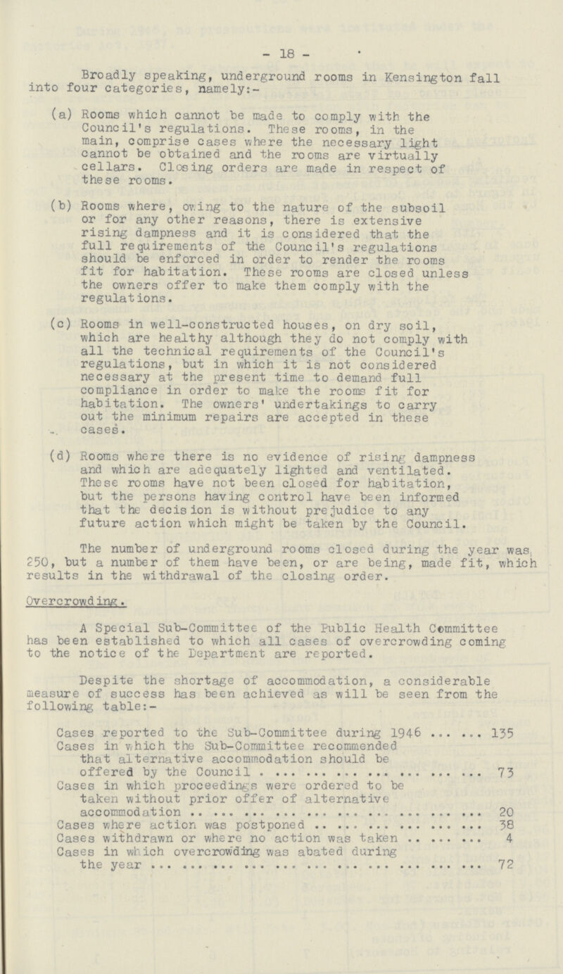 - 18 - Broadly speaking, underground rooms in Kensington fall into four categories, namely:- (a) Rooms which cannot be made to comply with the Council's regulations. These rooms, in the main, comprise cases where the necessary light cannot be obtained and the rooms are virtually cellars. Closing orders are made in respect of t he s e ro oms. (b) Rooms where, ov.ing to the nature of the subsoil or for any other reasons, there is extensive rising dampness and it is considered that the full requirements of the Council's regulations should be enforced in order to render the rooms fit for habitation. These rooms are closed unless the owners offer to make them comply with the regulations. (c) Rooms in well-constructed houses, on dry soil, which are healthy although they do not comply with all the technical requirements of the Council's regulations, but in which it is not considered necessary at the present time to demand full compliance in order to make the rooms fit for habitation. The owners' undertakings to carry out the minimum repairs are accepted in these cases. (d) Rooms where there is no evidence of rising dampness and which are adequately lighted and ventilated. These rooms have not been closed for habitation, but the persons having control have been informed that the decision is without prejudice to any future action which might be taken by the Council. The number of underground rooms closed during the year was 250, but a number of them have been, or are being, made fit, which results in the withdrawal of the closing order. Overcrowding. A Special Sub-Committee of the Public Health Committee has been established to which all cases of overcrowding coming to the notice of the Department are reported. Despite the shortage of accommodation, a considerable measure of success has been achieved as will be seen from the following table:- Cases reported to the Sub-Committee during 1946 135 Cases in which the Sub-Committee recommended that alternative accommodation should be offered by the Council 73 Cases in which proceedings were ordered to be taken without prior offer of alternative accommodation 20 Cases where action was postponed 38 Cases withdrawn or where no action was taken 4 Cases in which overcrowding was abated during the year 72