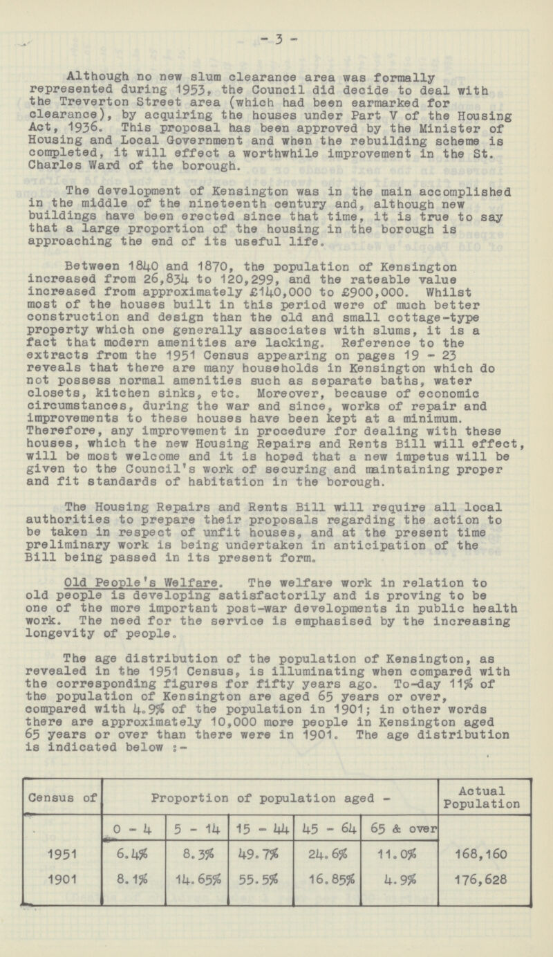 3 Although no new slum clearance area was formally represented during 1953, the Council did decide to deal with the Treverton Street area (which had been earmarked for clearance), by acquiring the houses under Part V of the Housing Act, 1936. This proposal has been approved by the Minister of Housing and Local Government and when the rebuilding scheme is completed, it will effect a worthwhile improvement in the St. Charles Ward of the borough. The development of Kensington was in the main accomplished in the middle of the nineteenth century and, although new buildings have been erected since that time, it is true to say that a large proportion of the housing in the borough is approaching the end of its useful life. Between 1840 and 1870, the population of Kensington increased from 26,834 to 120,299, and the rateable value increased from approximately £140,000 to £900,000. Whilst most of the houses built in this period were of much better construction and design than the old and small cottage-type property which one generally associates with slums, it is a fact that modern amenities are lacking. Reference to the extracts from the 1951 Census appearing on pages 19-23 reveals that there are many households in Kensington which do not possess normal amenities such as separate baths, water closets, kitchen sinks, etc. Moreover, because of economic circumstances, during the war and since, works of repair and improvements to these houses have been kept at a minimum. Therefore, any improvement in procedure for dealing with these houses, which the new Housing Repairs and Rents Bill will effect will be most welcome and it is hoped that a new impetus will be given to the Council's work of securing and maintaining proper and fit standards of habitation in the borough. The Housing Repairs and Rents Bill will require all local authorities to prepare their proposals regarding the action to be taken in respect of unfit houses, and at the present time preliminary work is being undertaken in anticipation of the Bill being passed in its present form. Old People's Welfare. The welfare work in relation to old people is developing satisfactorily and is proving to be one of the more important post-war developments in public health work. The need for the service is emphasised by the increasing longevity of people. The age distribution of the population of Kensington, as revealed in the 1951 Census, is illuminating when compared with the corresponding figures for fifty years ago. To-day 11% of the population of Kensington are aged 65 years or over, compared with 4.9% of the population in 1901; in other words there are approximately 10,000 more people in Kensington aged 65 years or over than there were in 1901. The age distribution is indicated below:- Census of Proportion of population aged Actual Population 0-4 5 - 14 15-44 45 - 64 65 & over 1951 6.4% 8.3% 49.7% 24.6% 11.0% 168,160 1901 8.1% 14.65% 55.5% 16.85% 4.9% 176,628