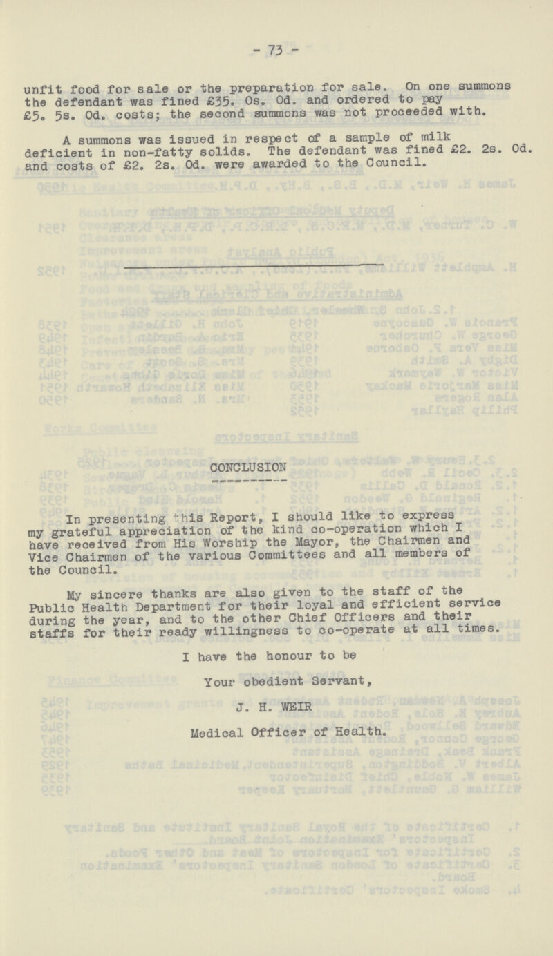 - 73 - unfit food for sale or the preparation for sale. On one summons the defendant was fined £35. Os. Od. and ordered to pay £5. 5s. 0d. costs; the second summons was not proceeded with. A summons was issued in respect of a sample of milk deficient in non-fatty solids. The defendant was fined £2. 2s. Od. and costs of £2. 2s. 0d. were awarded to the Council. CONCLUSION In presenting this Report, I should like to express my grateful appreciation of the kind co-operation which I have received from His Worship the Mayor, the Chairmen and Vice Chairmen of the various Committees and all members of the Council. My sincere thanks are also given to the staff of the Public Health Department for their loyal and efficient service during the year, and to the other Chief Officers and their staffs for their ready willingness to co-operate at all times. I have the honour to be Your obedient Servant, J. H. WEIR Medical Officer of Health.