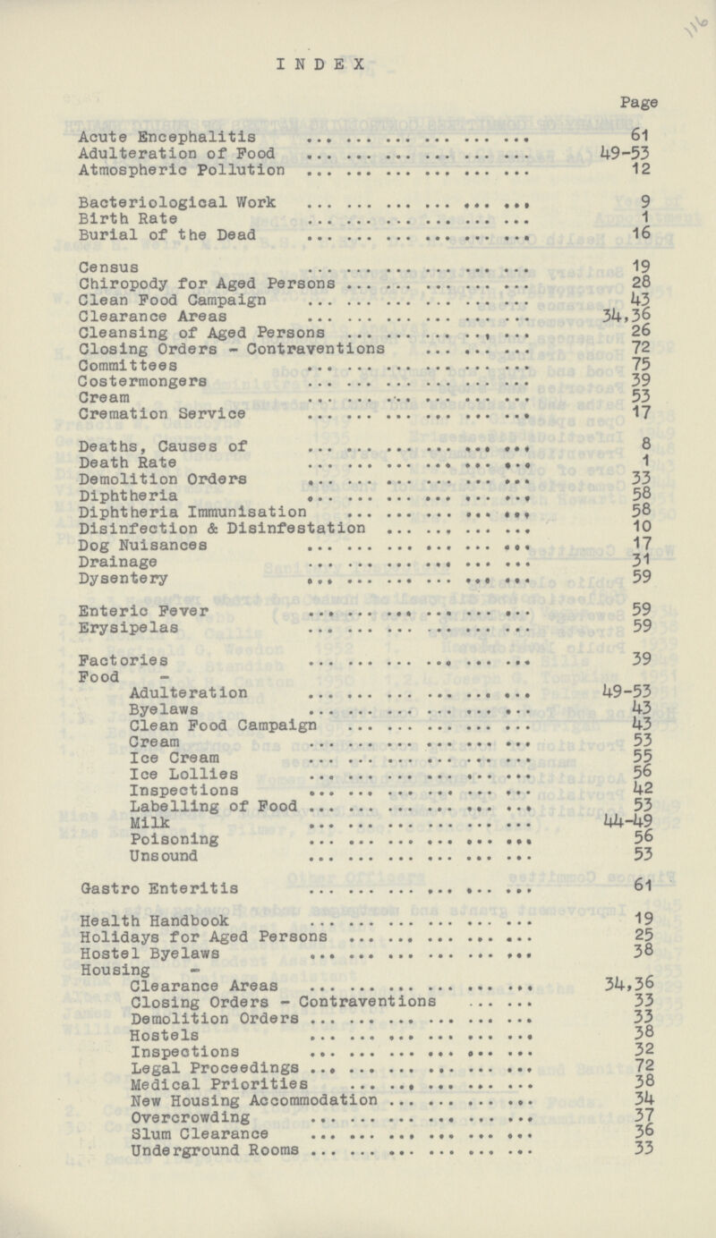 INDEX Page Acute Encephalitis 61 Adulteration of Food 49-53 Atmospheric Pollution 12 Bacteriological Work 9 Birth Rate 1 Burial of the Dead 16 Census 19 Chiropody for Aged Persons 28 Clean Food Campaign 43 Clearance Areas 34,36 Cleansing of Aged Persons 26 Closing Orders - Contraventions 72 Committees 75 Costermongers 39 Cream 53 Cremation Service 17 Deaths, Causes of 8 Death Rate 1 Demolition Orders 33 Diphtheria 58 Diphtheria Immunisation 58 Disinfection & Disinfestation 10 Dog Nuisances 17 Drainage 31 Dysentery 59 Enteric Fever 59 Erysipelas 59 Factories 39 Food - Adulteration 49-53 Byelaws 43 Clean Food Campaign 43 Cream 53 Ice Cream 55 Ice Lollies 56 Inspections 42 Labelling of Food 53 Milk 44-49 Poisoning 56 Unsound 53 Gastro Enteritis 61 Health Handbook 19 Holidays for Aged Persons 25 Hostel Byelaws 38 Housing - Clearance Areas 34,36 Closing Orders - Contraventions 33 Demolition Orders 33 Hostels 38 Inspections 32 Legal Proceedings 72 Medical Priorities 38 New Housing Accommodation 34 Overcrowding 37 Slum Clearance 36 Underground Rooms 33