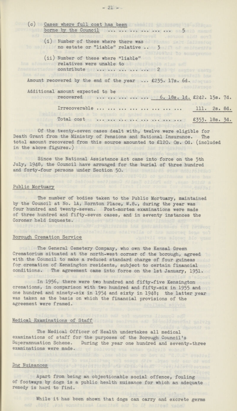 - 21 - (c) Cases where full cost has been borne by the Council 5 (i) Number of these where there was no estate or liable relative 3 (ii) Number of these where liable relatives were unable to contribute 2 Amount recovered by the end of the year £235. 17s. 6d. Additional amount expected to be recovered 6. 18s. 1d. £242. 15s. 7d. Irrecoverable 111. 2s. 8d. Total cost £353. 18s. 3d. Of the twenty-seven cases dealt with, twelve were eligible for Death Grant from the Ministry of Pensions and National Insurance. The total amount recovered from this source amounted to £120. 0s. 0d. (included in the above figures.) Since the National Assistance Act came into force on the 5th July, 1948, the Council have arranged for the burial of three hundred and forty-four persons under Section 50. Public Mortuary The number of bodies taken to the Public Mortuary, maintained by the Council at No. 1A, Hornton Place, W.8., during the year was four hundred and twenty-seven. Post-mortem examinations were made of three hundred and fifty-seven cases, and in seventy instances the Coroner held inquests. Borough Cremation Service The General Cemetery Company, who own the Kensal Green Crematorium situated at the north-west corner of the borough, agreed with the Council to make a reduced standard charge of four guineas for cremation of Kensington residents, subject to certain financial conditions. The agreement came into force on the 1st January, 1951. In 1956, there were two hundred and fifty-five Kensington cremations, in comparison with two hundred and fifty-six in 1955 and one hundred and ninety-six in 1954 and sixty in 1948; the latter year was taken as the basis on which the financial provisions of the agreement were framed. Medical Examinations of Staff The Medical Officer of Health undertakes all medical examinations of staff for the purposes of the Borough Council's Superannuation Scheme. During the year one hundred and seventy-three examinations were made. Dog Nuisances Apart from being an objectionable social offence, fouling of footways by dogs is a public health nuisance for which an adequate remedy is hard to find. \ While it has been shown that dogs can carry and excrete germs
