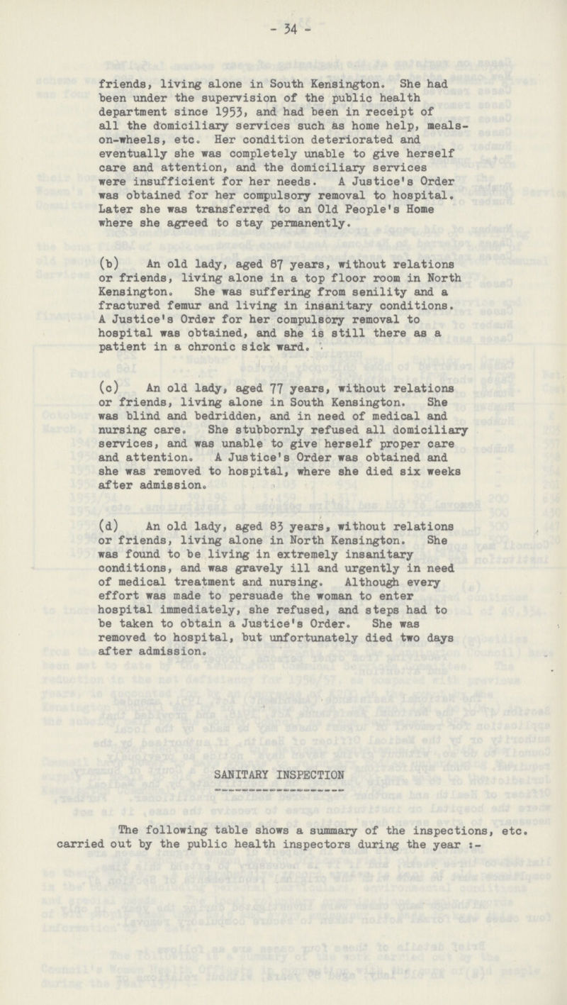 - 34 - friends, living alone in South Kensington. She had been under the supervision of the public health department since 1953, and had been in receipt of all the domiciliary services such as home help, meals on-wheels, etc. Her condition deteriorated and eventually she was completely unable to give herself care and attention, and the domiciliary services were insufficient for her needs. A Justice's Order was obtained for her compulsory removal to hospital. Later she was transferred to an Old People's Home where she agreed to stay permanently. (b) An old lady, aged 87 years, without relations or friends, living alone in a top floor room in North Kensington. She was suffering from senility and a fractured femur and living in insanitary conditions. A Justice's Order for her compulsory removal to hospital was obtained, and she is still there as a patient in a chronic sick ward. (c) An old lady, aged 77 years, without relations or friends, living alone in South Kensington. She was blind and bedridden, and in need of medical and nursing care. She stubbornly refused all domiciliary services, and was unable to give herself proper care and attention. A Justice's Order was obtained and she was removed to hospital, where she died six weeks after admission. (d) An old lady, aged 83 years, without relations or friends, living alone in North Kensington. She was found to be living in extremely insanitary conditions, and was gravely ill and urgently in need of medical treatment and nursing. Although every effort was made to persuade the woman to enter hospital immediately, she refused, and steps had to be taken to obtain a Justice's Order. She was removed to hospital, but unfortunately died two days after admission. SANITARY INSPECTION The following table shows a summary of the inspections, etc. carried out by the public health inspectors during the year:-