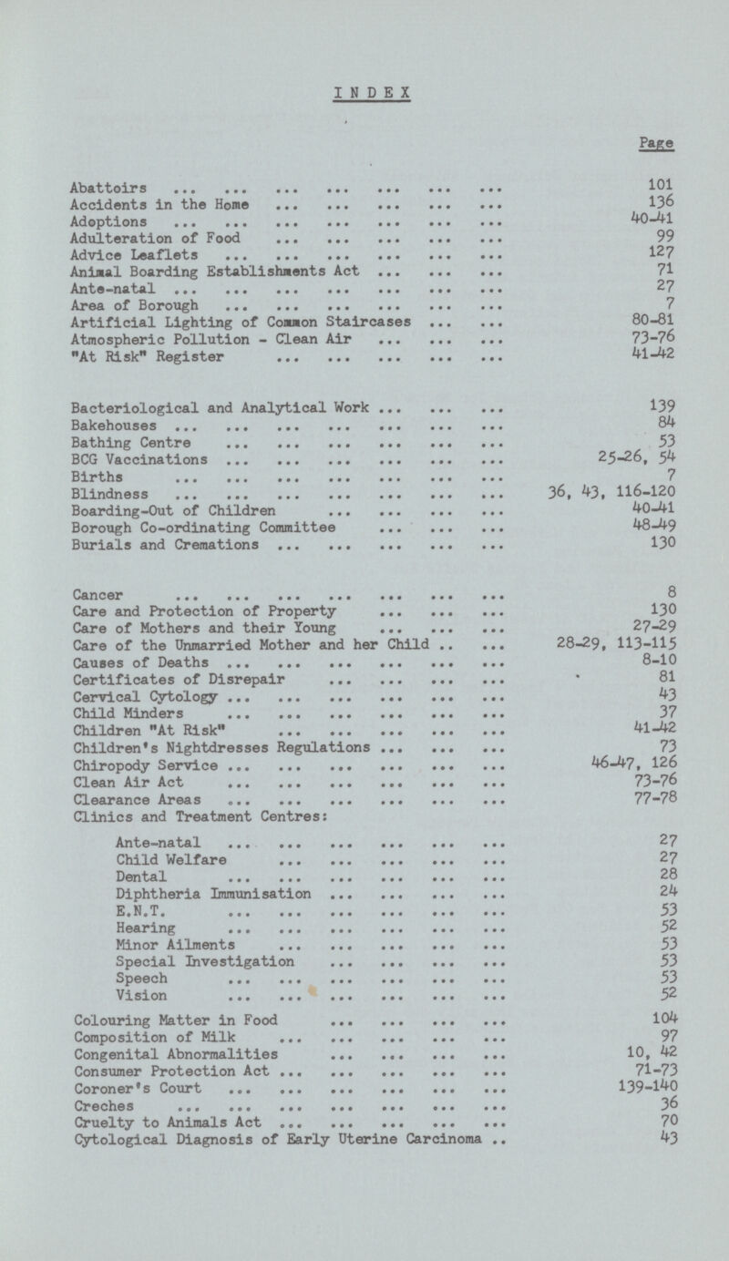 INDEX Page Abattoirs 101 Accidents in the Home 136 Adoptions 40—41 Adulteration of Food 99 Advice Leaflets 127 Animal Boarding Establishments Act 71 Ante-natal 27 Area of Borough 7 Artificial Lighting of Common Staircases 80-81 Atmospheric Pollution - Clean Air 73-76 At Risk Register 41-42 Bacteriological and Analytical Work 139 Bakehouses 84 Bathing Centre 53 BCG Vaccinations 25-26, 54 Births 7 Blindness 36, 43, 116-120 Boarding-Out of Children 40-41 Borough Co-ordinating Committee 48-49 Burials and Cremations 130 Cancer 8 Care and Protection of Property 130 Care of Mothers and their Young 27-29 Care of the Unmarried Mother and her Child 28-29, 113-115 Causes of Deaths 8—10 Certificates of Disrepair 81 Cervical Cytology 43 Child Minders 37 Children At Risk 41-42 Children's Nightdresses Regulations 73 Chiropody Service 46-47, 126 Clean Air Act 73—76 Clearance Areas 77-78 Clinics and Treatment Centres: Ante—natal 27 Child Welfare 27 Dental 28 Diphtheria Immunisation 24 E.N.T. 53 Hearing 52 Minor Ailments 53 Special Investigation 53 Speech 53 Vision 52 Colouring Matter in Food 104 Composition of Milk 97 Congenital Abnormalities 10,42 Consumer Protection Act 71-73 Coroner's Court 139-140 Creches 36 Cruelty to Animals Act 70 Cytological Diagnosis of Early Uterine Carcinoma 43