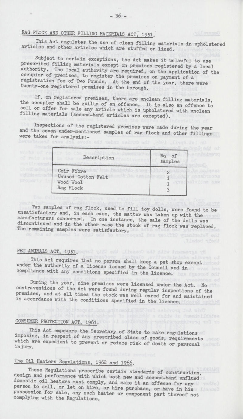 - 36 - RAG FLOCK AND OTHER FILLING MATERIALS ACT. 1951. This Act regulates the use of clean filling materials in upholstered articles and other articles which are stuffed or lined. Subject to certain exceptions, the Act makes it unlawful to use prescribed filling materials except on premises registered by a local authority. The local authority are required, on the application of the occupier of premises, to register the premises on payment of a registration fee of Two Pounds. At the end of the year, there were twenty-one registered premises in the borough. If, on registered premises, there are unclean filling materials, the occupier shall be guilty of an offence. It is also an offence to sell or offer for sale any article which is upholstered with unclean filling materials (second-hand articles are excepted). Inspections of the registered premises were made during the year and the seven under-mentioned samples, of rag flock and other fillings were taken for analysis:- Description No. of samples Coir Fibre 2 Unused Cotton Felt 1 Wood Wool 1 Rag Flock 3 Two samples of rag flock, used to fill toy dolls, were found to be unsatisfactory and, in each case, the matter was taken up with the manufacturers concerned. In one instance, the sale of the dolls was discontinued and in the other case the stock of rag flock was replaced. The remaining samples were satisfactory. PET ANIMALS ACT. 1951. This Act requires that no person shall keep a pet shop except under the authority of a licence issued by the Council and in compliance with any conditions specified in the licence. During the year, nine premises were licensed under the Act. No contraventions of the Act were found during regular inspections of the premises, and at all times the stock was well cared for and maintained in accordance with the conditions specified in the licence. CONSUMER PROTECTION ACT. 1961. This Act empowers the Secretary of State to make regulations imposing, in respect of any prescribed class of goods, requirements which are expedient to prevent or reduce risk of death or personal injury. The Oil Heaters Regulations, 1962 and 1966. These Regulations prescribe certain standards of construction, design and performance with which both new and second-hand unflued domestic oil heaters must comply, and make it an offence for any person to sell, or let on hire, or hire purchase, or have in his possession for sale, any such heater or component part thereof not complying with the Regulations.