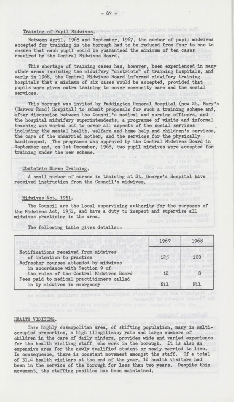 - 67 - Training of Pupil Midwives. Between April, 1965 and September, 1967, the number of pupil midwives accepted for training in the borough had to be reduced from four to one to ensure that each pupil could be guaranteed the minimum of ten cases required by the Central Midwives Board. This shortage of training cases has, however, been experienced in many other areas including the midwifery districts of training hospitals, and early in 1968, the Central Midwives Board informed midwifery training hospitals that a minimum of six cases would be accepted, provided that pupils were given extra training to cover community care and the social services. This borough was invited by Paddington General Hospital (now St. Mary's (Harrow Road) Hospital) to submit proposals for such a training scheme and, after discussion between the Council's medical and nursing officers, and the hospital midwifery superintendents, a programme of visits and informal teaching was worked out to cover all aspects of the social services including the mental health, welfare and home help and children's services, the care of the unmarried mother, and the services for the physically handicapped. The programme was approved by the Central Midwives Board in September and, on 1st December, 1968, two pupil midwives were accepted for training under the new scheme. Obstetric Nurse Training. A small number of nurses in training at St. George's Hospital have received instruction from the Council's midwives. Midwives Act. 1951. The Council are the local supervising authority for the purposes of the Midwives Act, 1951, and have a duty to inspect and supervise all midwives practising in the area. The following table gives details:- 1967 1968 Notifications received from midwives of intention to practice 125 100 Refresher courses attended by midwives in accordance with Section 9 of the rules of the Central Midwives Board 12 8 Fees paid to medical practitioners called in by midwives in emergency Nil Nil HEALTH VISITING. This highly cosmopolitan area, of shifting population, many in multi occupied properties, a high illegitimacy rate and large numbers of children in the care of daily minders, provides wide and varied experience for the health visiting staff who work in the borough. It is also an expensive area for the newly qualified student or newly married to live. In consequence, there is constant movement amongst the staff. Of a total of 31.4 health visitors at the end of the year, 12 health visitors had been in the service of the borough for less than two years. Despite this movement, the staffing position has been maintained.