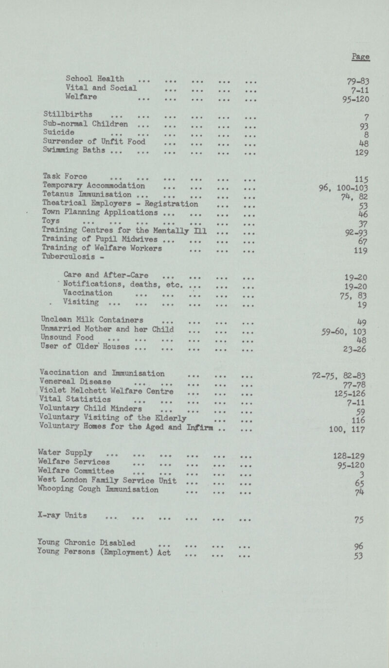 Page School Health 79-83 Vital and Social 7-11 Welfare 95-120 Stillbirths 7 Sub-normal Children 93 Suicide 8 Surrender of Unfit Food 48 Swimming Baths 129 Task Force 115 Temporary Accommodation 96, 100-103 Tetanus Immunisation 74, 82 Theatrical Employers - Registration 53 Town Planning Applications 4-6 Toys 37 Training Centres for the Mentally Ill 92-93 Training of Pupil Midwives 67 Training of Welfare Workers 119 Tuberculosis Care and After-Care 19-20 Notifications, deaths, etc 19-20 Vaccination 75, 83 Visiting 19 Unclean Milk Containers 49 Unmarried Mother and her Child 59-60, 103 Unsound Food 48 User of Older Houses 23-26 Vaccination and Immunisation 72-75, 82-83 Venereal Disease 77-78 Violet Melchett Welfare Centre 125-126 Vital Statistics 7-11 Voluntary Child Minders 59 Voluntary Visiting of the Elderly 116 Voluntary Homes for the Aged and Infirm 100, 117 Water Supply 128-129 Welfare Services 95-120 Welfare Committee 3 West London Family Service Unit 65 Whooping Cough Immunisation 74 X-ray Units 75 Young Chronic Disabled 96 Young Persons (Employment) Act 53